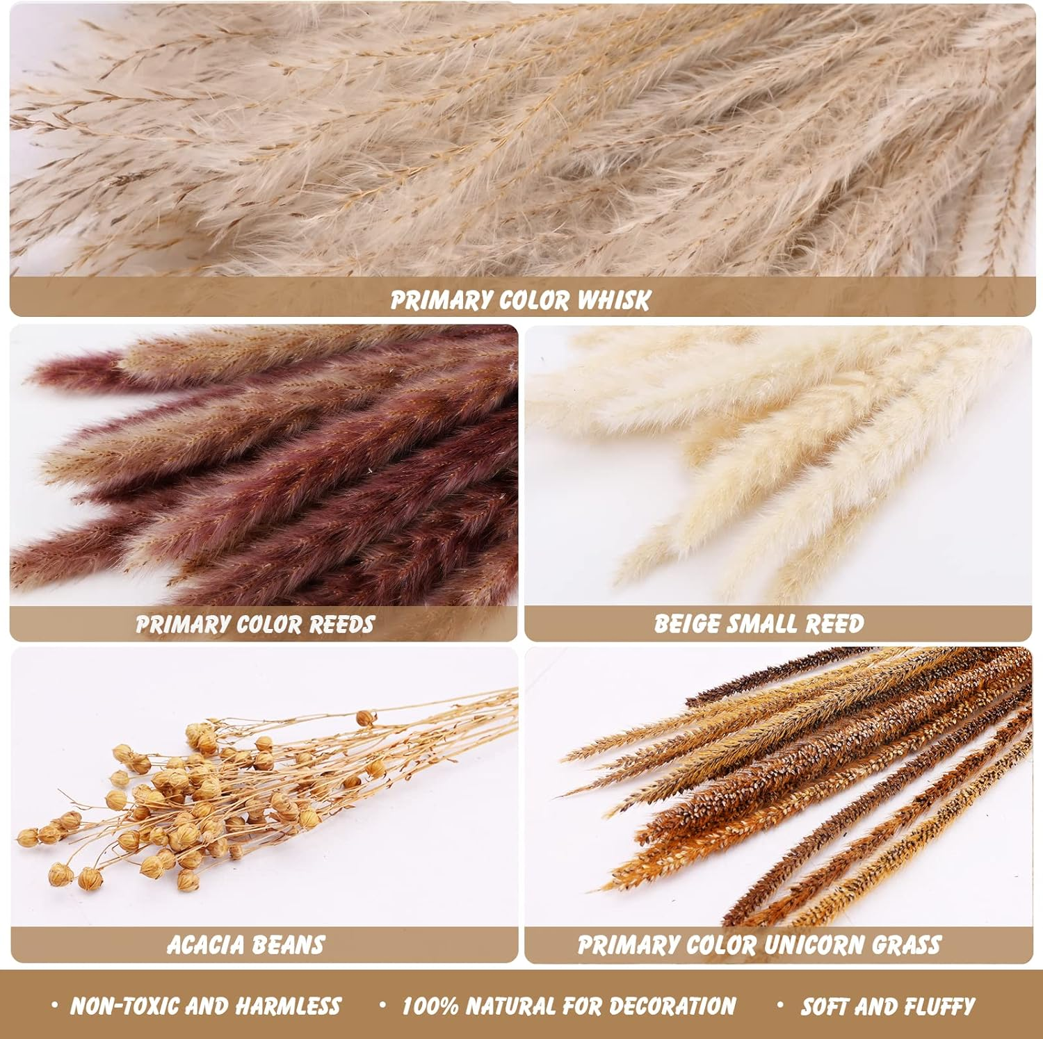 90Pcs Natural Pampas Grass Natural Dried Flowers Bouquet Fluffy Pampas Grass Decor with 5 Different Flower Variants Ideal for Vases Decoration Boho Room Decor Wedding Decor image number 1