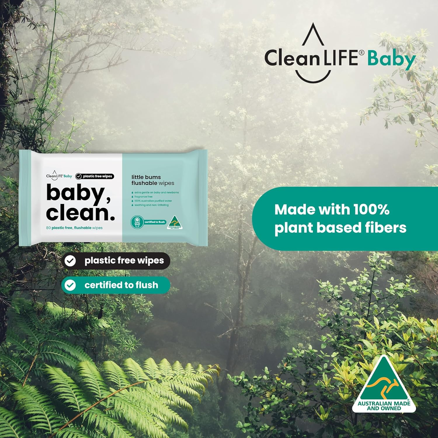 Cleanlife Flushable Biodegradable Aloe Vera Baby Wet Wipes - Fragrance Free, Hypoallergenic, 100% Plant Based, Unscented, Sensitive Skin, Nappy Change, Septic Safe, 80 Wipes, 12Packs image number 2