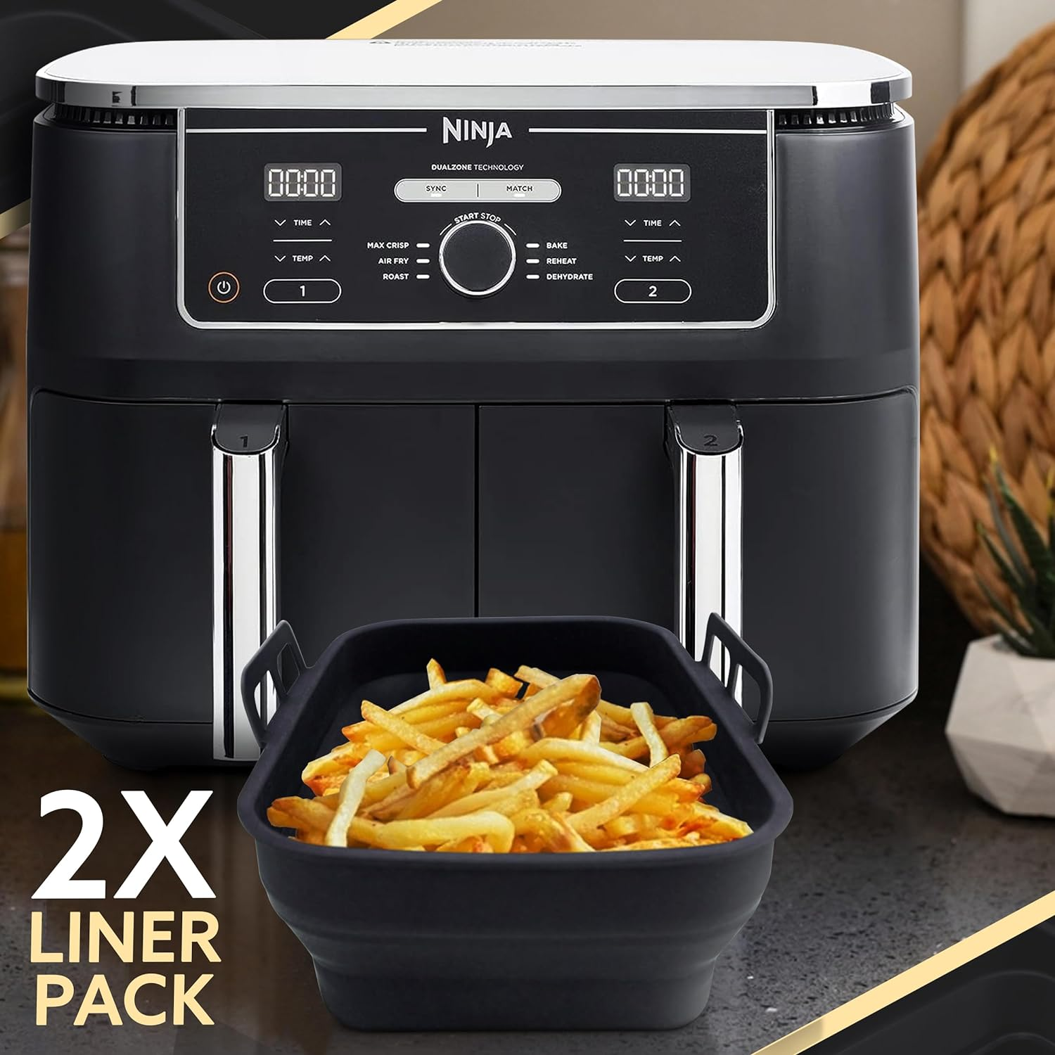 Tydi 2X Premium Silicone Air Fry Liners Ninja AF400UK 9.5L & Tower T17088-21 X 16 4.5 Cm Fryer Made Specifically the AF400 Reusable Accessories, Black (TY-SAF-AF400UK)