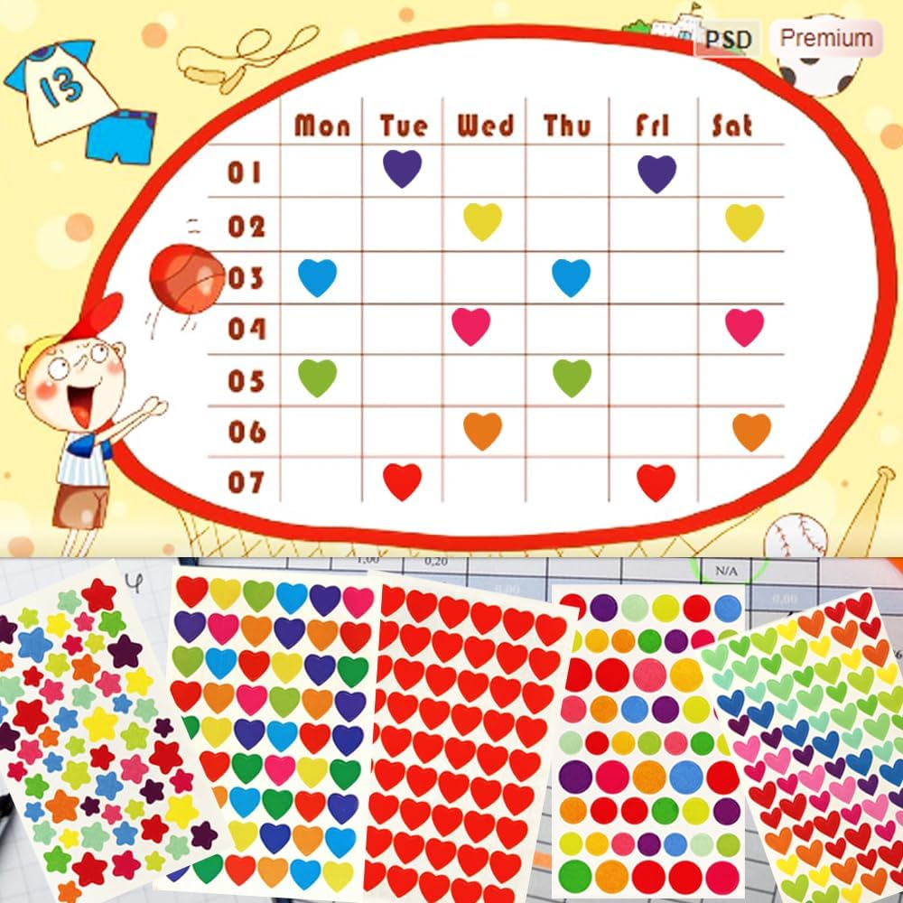 3000 Pcs Cute Colorful Dot Heart and Star Shape Self Adhesive Sticker Sheets, for Scrapbooking, Label, Packaging and Art Craft Supplies（50 Sheets） image number 3