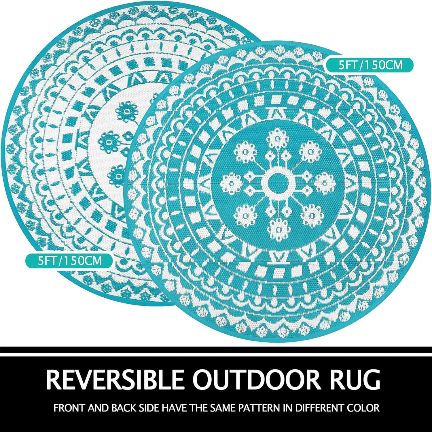 Capslpad round Outdoor Rug for Patio 150Cm Boho Reversible RV Mat Waterproof Outdoor Plastic Straw RV Camping Rug outside Circle Area Rug for Porch Deck Terrace Picnic Beach Apartment Pool Decor,Teal image number 2
