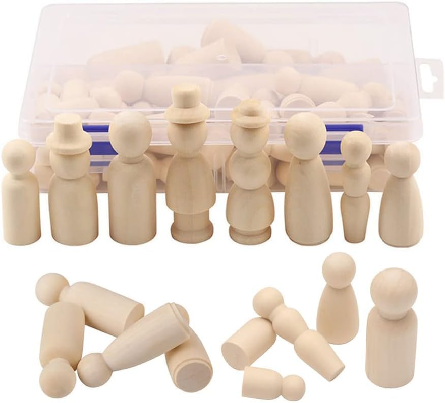 55Pcs Wooden Peg Doll, Betterjonny Wooden Unfinishied Peg People Dolls Decorative DIY Doll People with Storage Case in Assorted Sizes for DIY Arts and Crafts image number 1