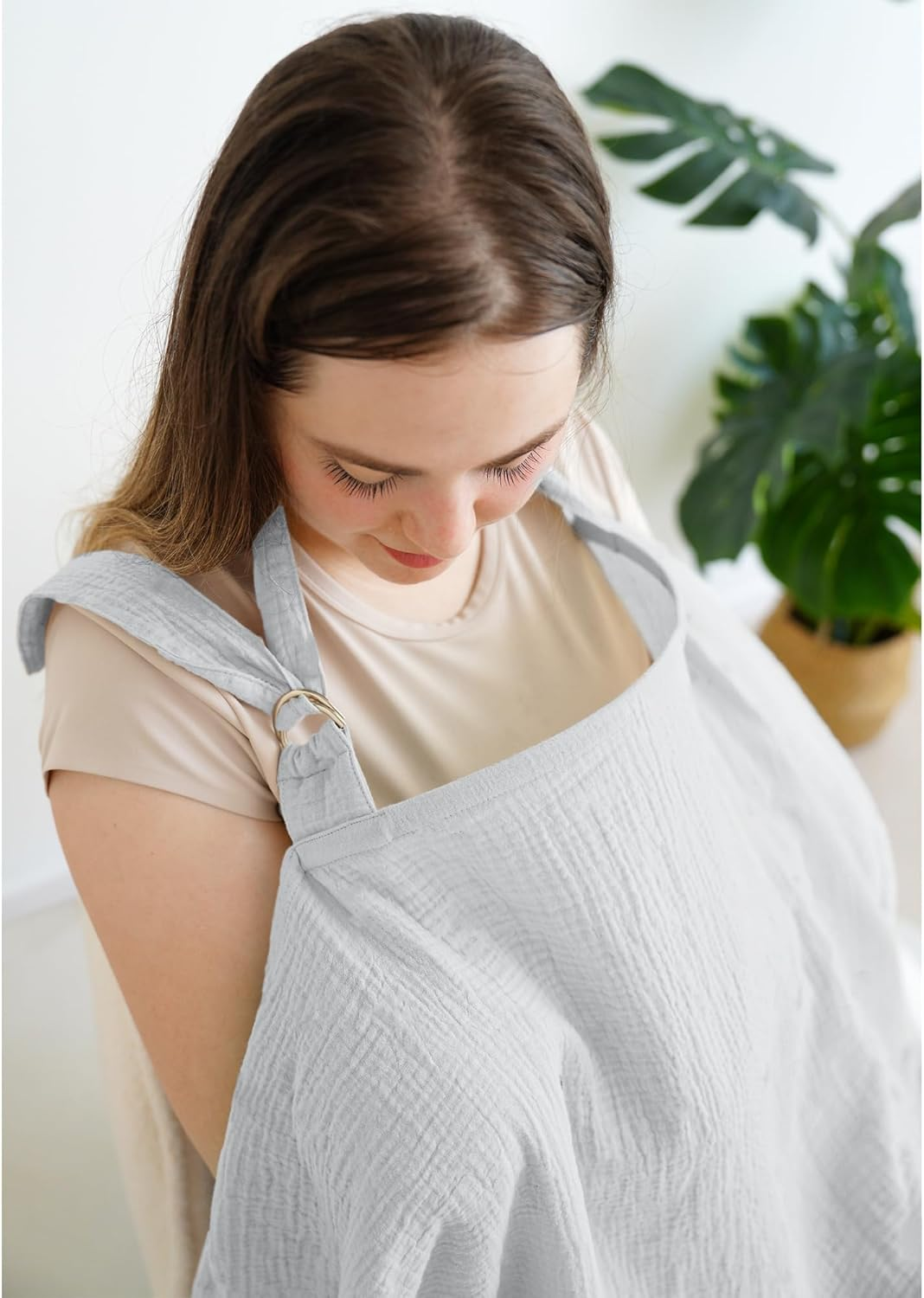 APEXINNO Muslin Nursing Covers for Breastfeeding, Privacy Breast Feeding Cover with Arch Neckline for Mom and Baby, Breathable 100% Cotton Nursing Apron Multi-Use Stroller Cover (Gray) - Misty Blue image number 2