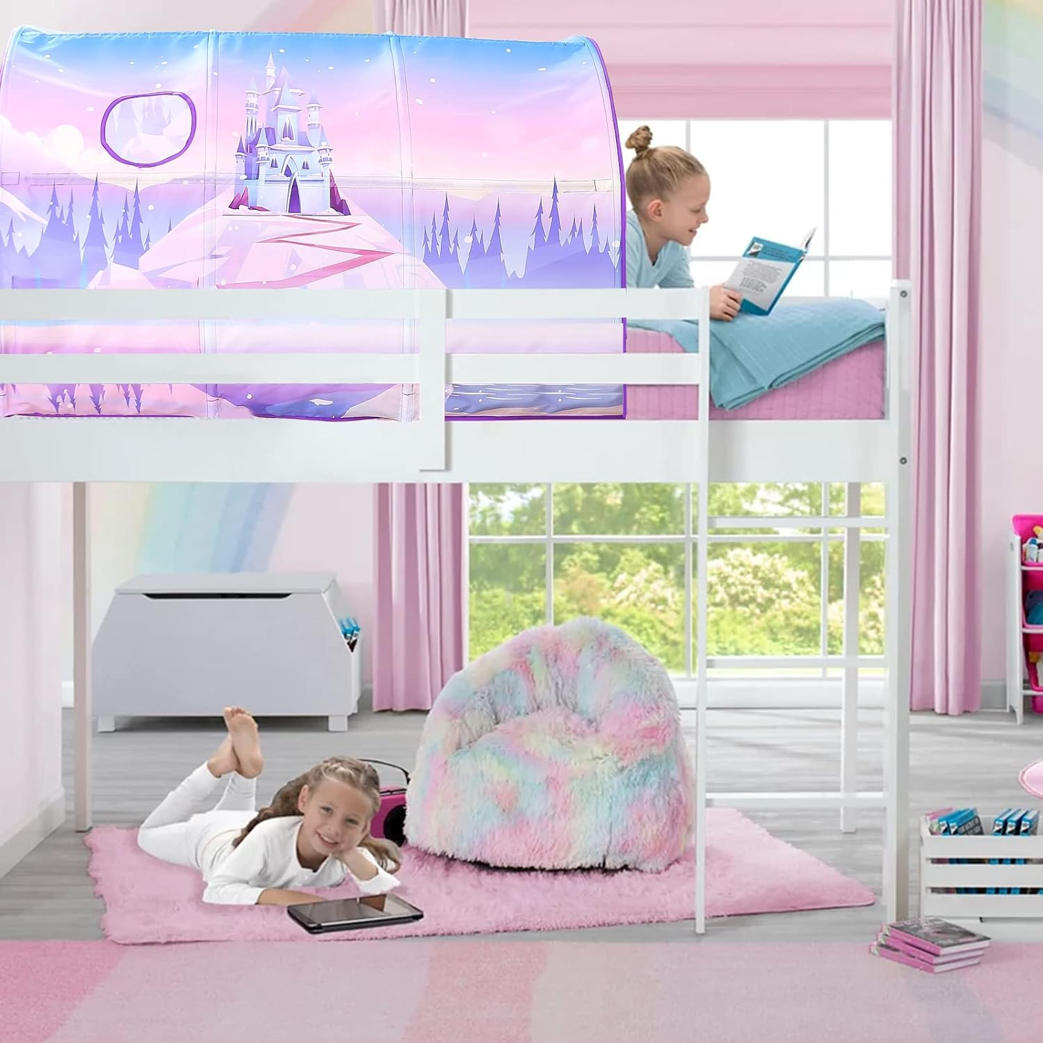 Bed Tent for Kids Toddler Foldable Game House Children Play Tents Breathable Cottage Combination Sleeping Canopy Playhouse Double Net Curtain with Storage Bag,(Bed Tent-Castle) image number 3