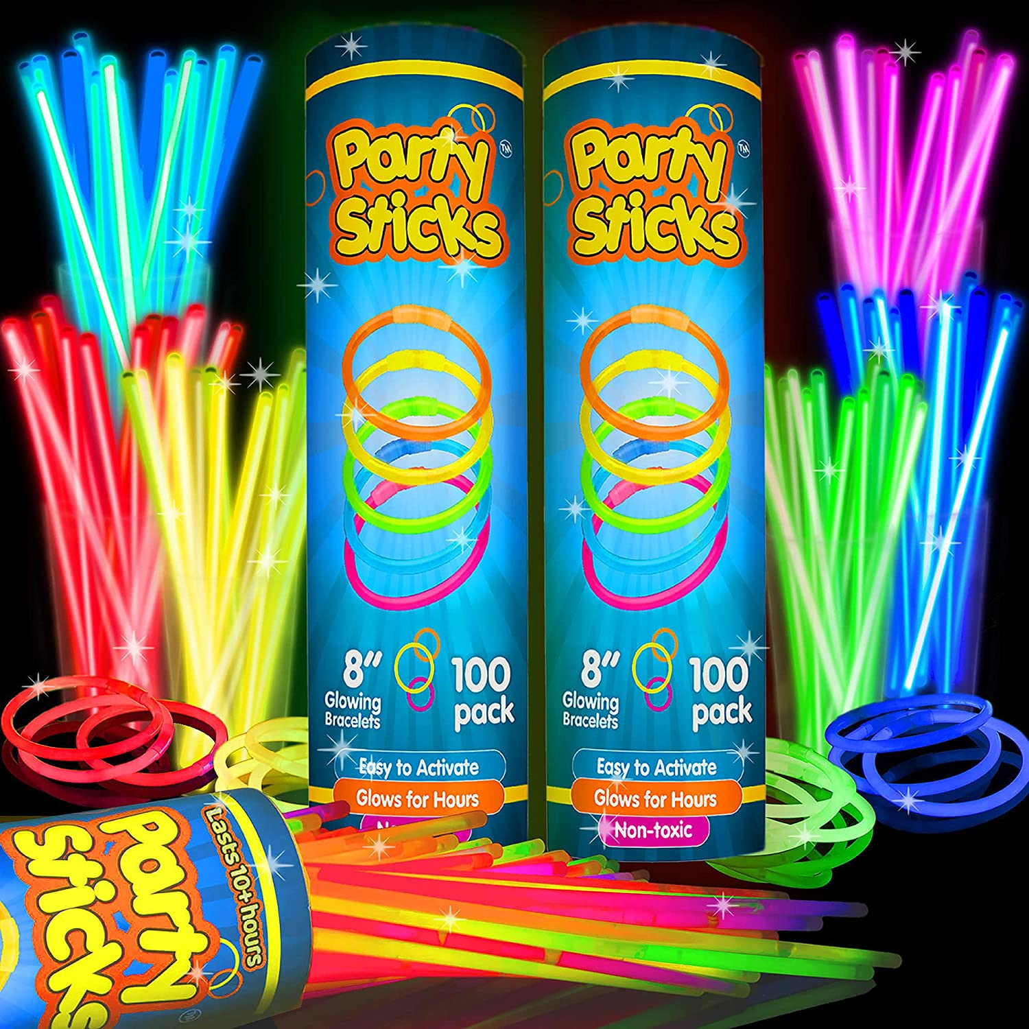 Partysticks 200 Count Glowsticks Glow Light Stick Bracelets Mixed Colours Wholesale Pack (2 Tubes of 100), 20Cm L image number 4