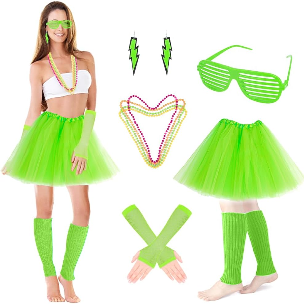 AUTOWT 80S Costumes for Women, 6 Packs 80S Accessories Set with Fishnet Gloves Earrings Necklaces Leg Warmers, Tutu Skirts for 1980S Theme Party Outfits