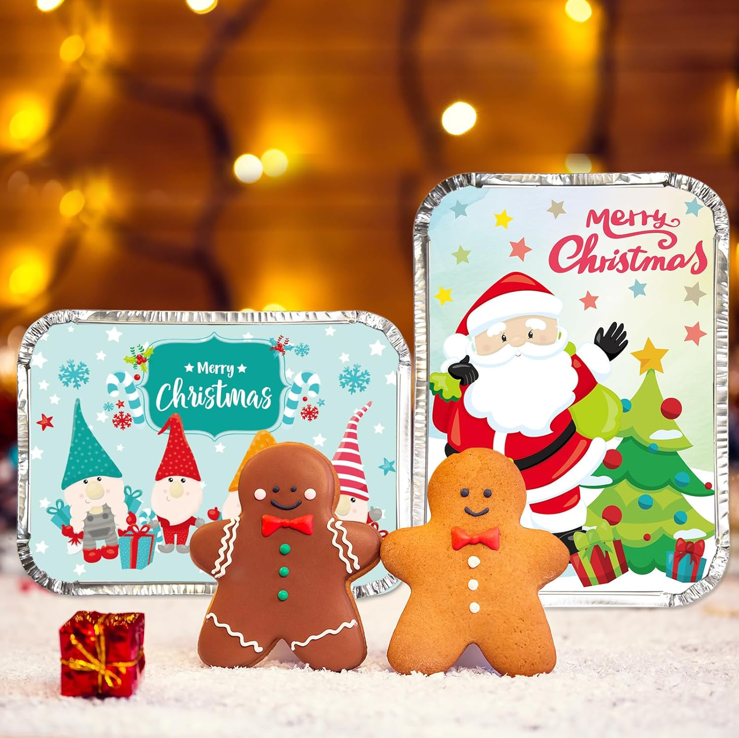 Christmas Leftover Containers with Lids 36 Pcs Santa Christmas Aluminum Food Containers with Lids Disposable Watercolor Goodie Sacks Containers Winter Holiday Party Supply image number 5