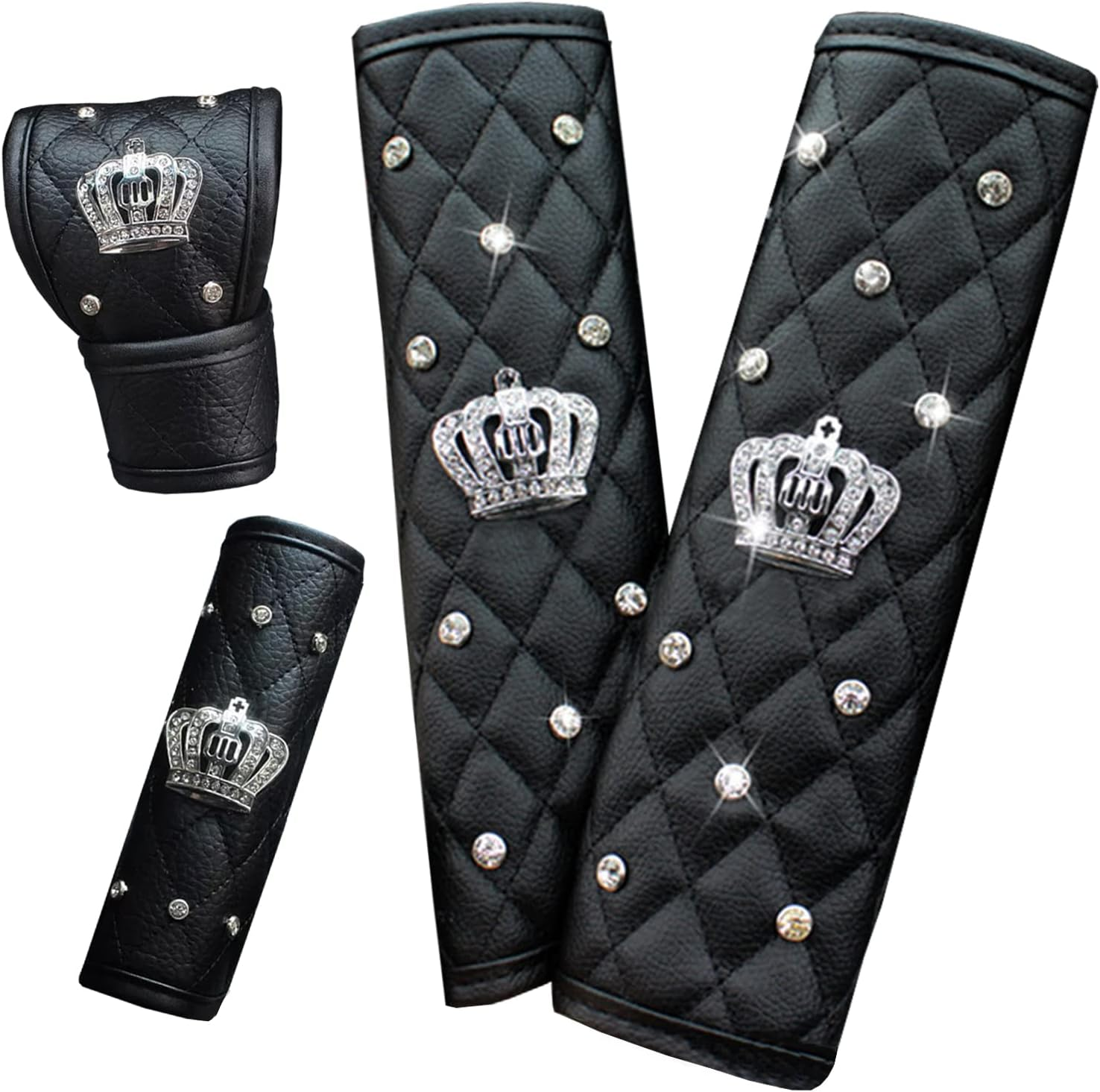 Leather Car Seat Belt Cover Shoulder Seatbelt Pad Handbrake Cover Gear Shift Cover with Bling Rhinestones Crown Car Accessories(4 Pcs)