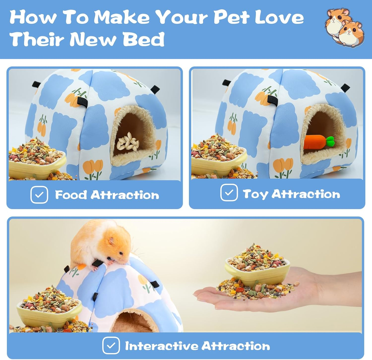 SUSOO Plush Warm Hamster Hideout for Small Animal Bedding Cage Accessories,Breathable Guinea Pig Bed House Hideout for Dwarf Rabbits,Chinchillas,Hamsters,Hedgehogs,Squirrel and Rats（Flowers/M/Size image number 1