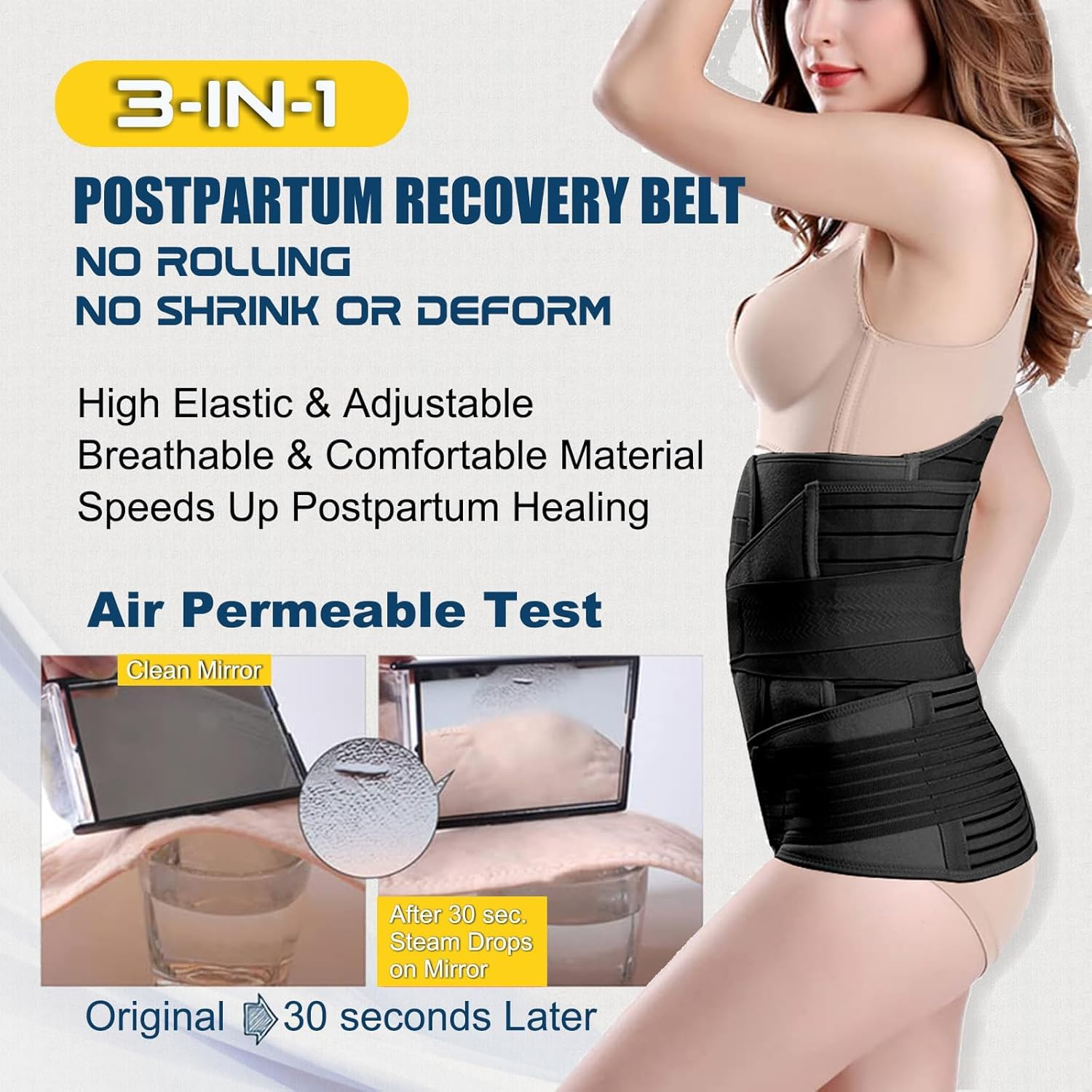 3 in 1 Postpartum Belly Wrap - Recovery Belly/Waist/Pelvis Belt Black Postpartum Belly Band (One Size Black) image number 2