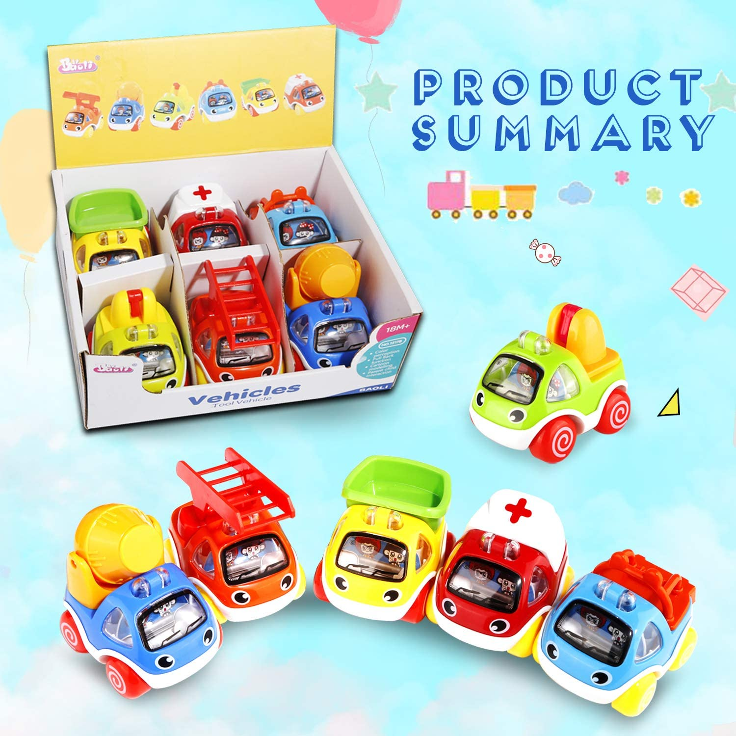 Bluefire Pull Back Cars, Cars Toys for Baby and Toddlers, Push and Go Vehicles Toys, Mini Vehicle Toys for Kids/Boys/Girls(6 Pcs) image number 5
