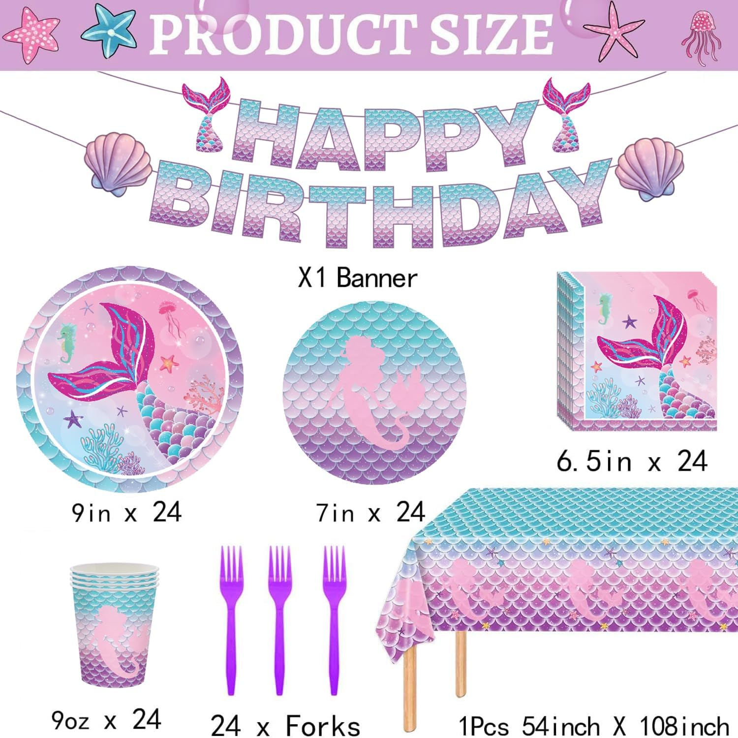 Mermaid Birthday Party Decorations Set Mermaid Reusable Party Supplies Includes Plates, Fork, Cup, Tablecloth, Banner for Ocean Birthday Party Decorations, Serves 24 image number 6