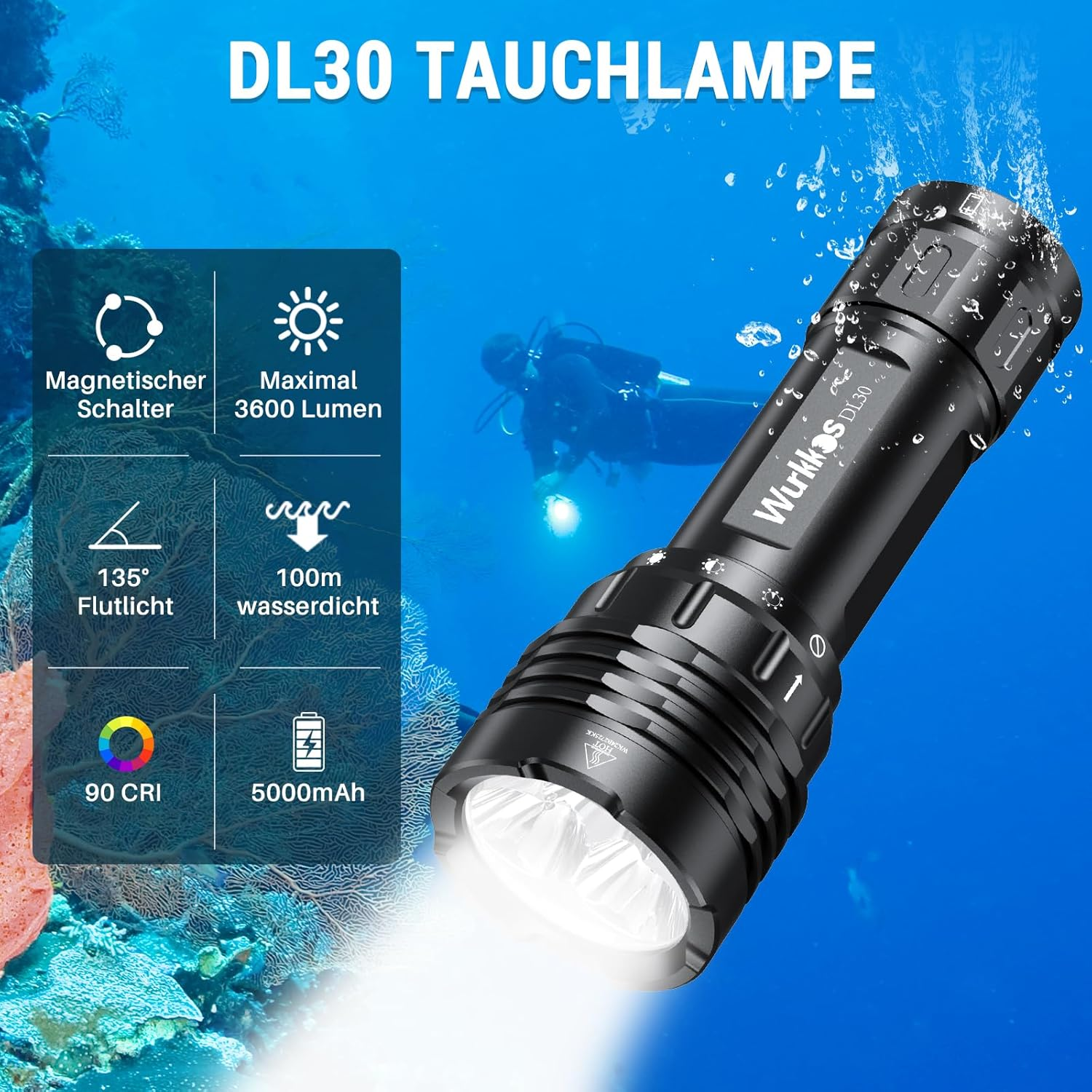Wurkkos DL30 Diving Light, 3600 Lumens Rechargeable Underwater Torch, IPX8 Waterproof, 3 X CRI 90 LH351D LED with Charger