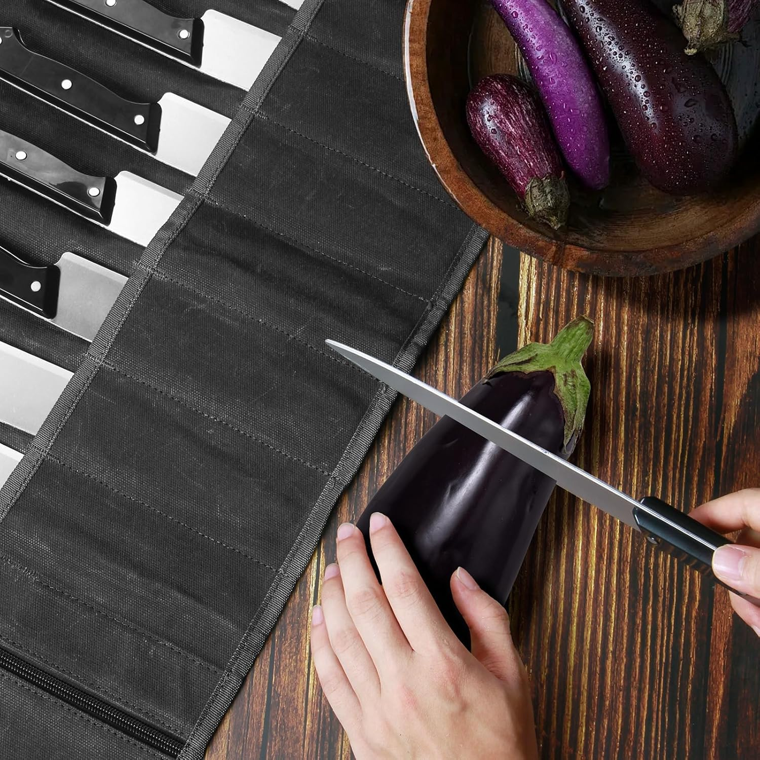 Chef'S Knife Roll Bag - Heavy Duty Waxed Canvas with 11 Slots (10+1 Zipper Pocket), Portable Kitchen Knives Bag for Home/Camping, Waterproof & Shoulder Strap Included (Black) image number 6