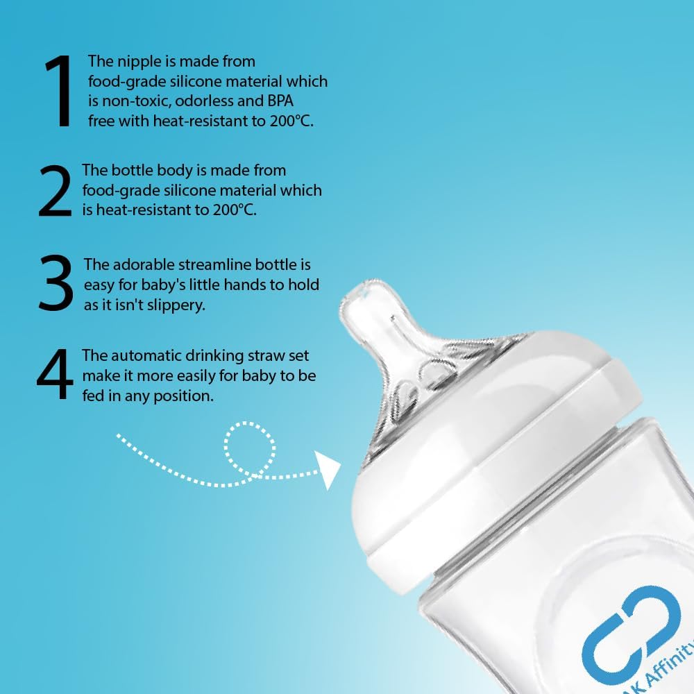 Affinity Advanced Anti-Colic Baby Bottle, Silicone-Soft Baby Bottles with Natural Nipple, 0+ Month Infants, BPA, PVC, Latex and Phthalate Free, Variable Flow-150 ML