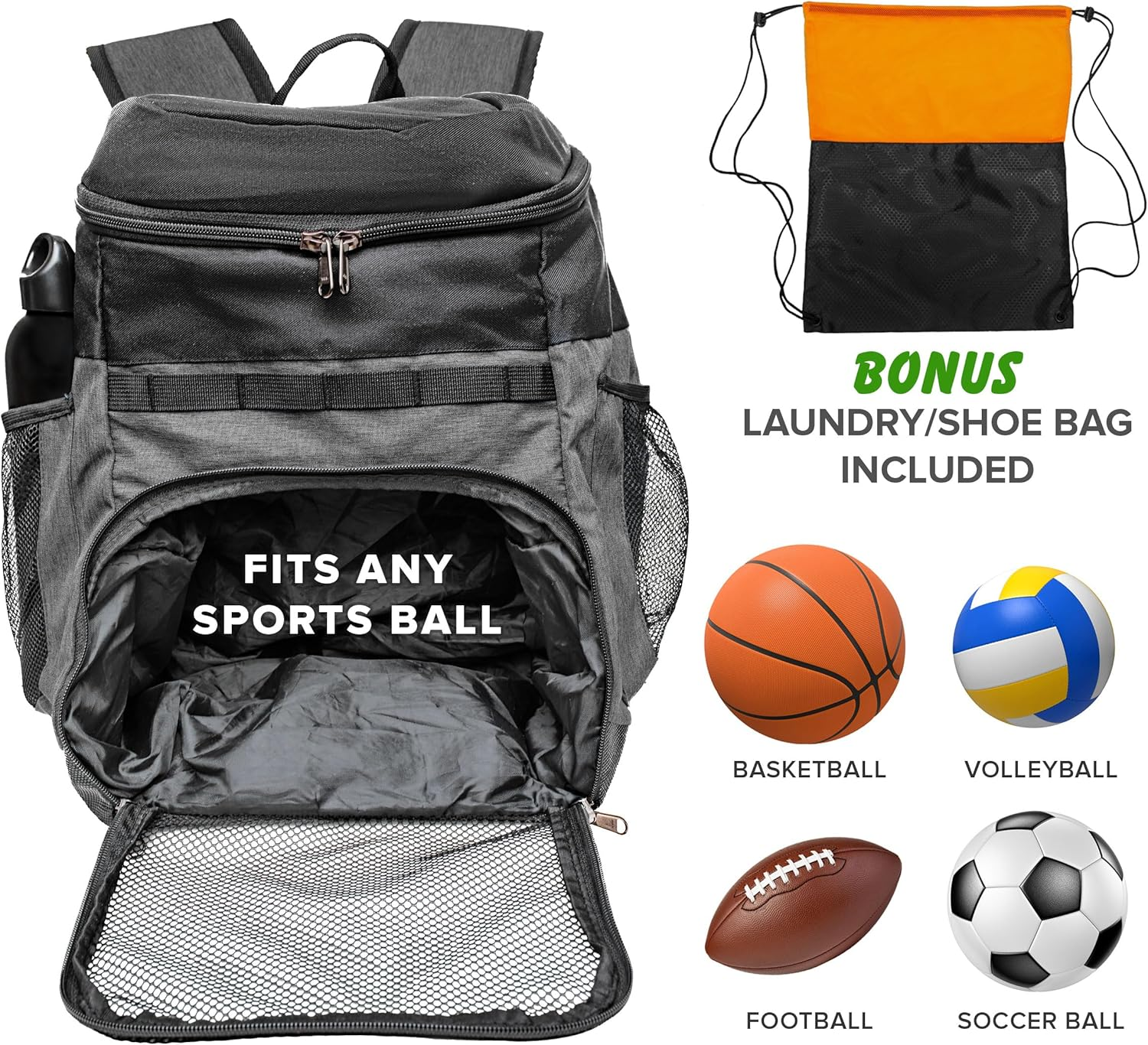 Basketball Backpack with Ball Compartment - Sports Equipment Bag for Soccer Ball, Volleyball, Gym, Outdoor, Travel, Team - 2 Bottle Pockets, Includes Laundry or Shoe Bag - 25L image number 5