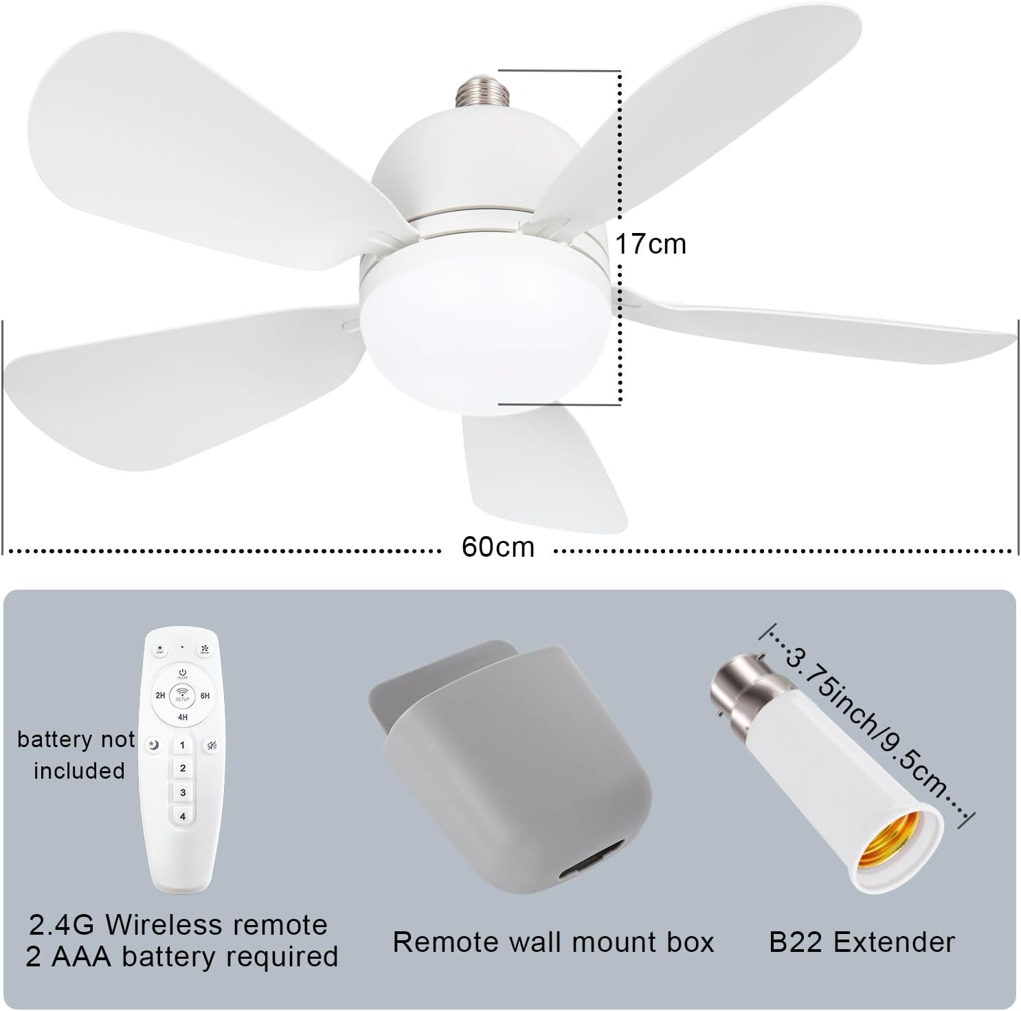 60CM Socket Fan Light with B22 Base Extension, Upgraded LED Light Socket Fan, Ceiling Fan with Lights and Remote for Bathroom, Kitchen, Bedroom, 2Pack image number 4