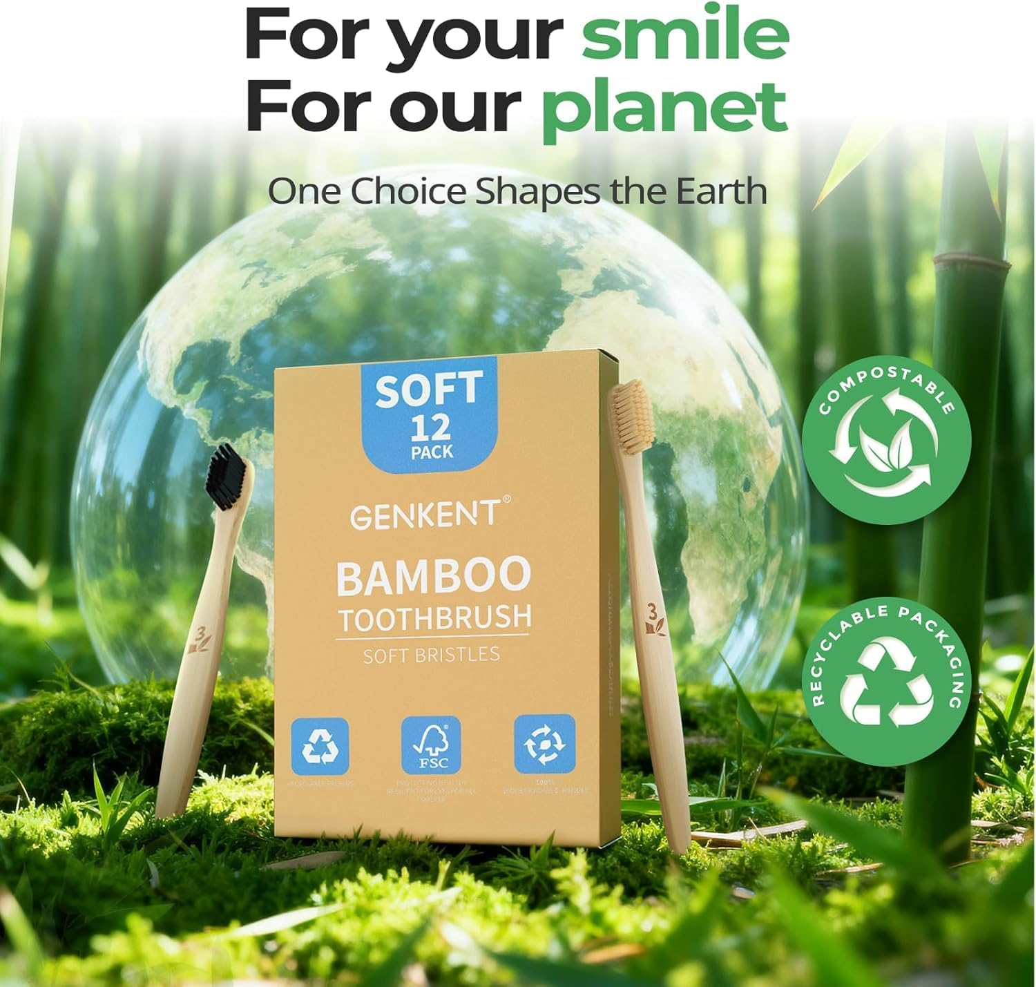 GENKENT 12 Counts Bamboo Toothbrushes Natural Bamboo Charcoal Tooth Brush with BPA Free Soft Bristles in Eco Friendly Color Bristle Wood Tooth Brushes Recycled Biodegradable image number 1