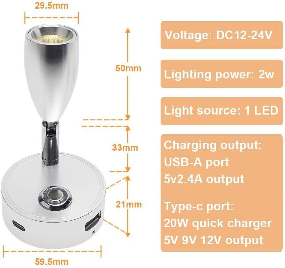 12V LED RV Reading Light with Dual Charging Ports, 3CCT Touch Control Dimmable12V Bedside Light Fixture Spotlight for Motor-House Camper Caravan Vehicle Vessel Boat Yacht (Silvery) image number 4