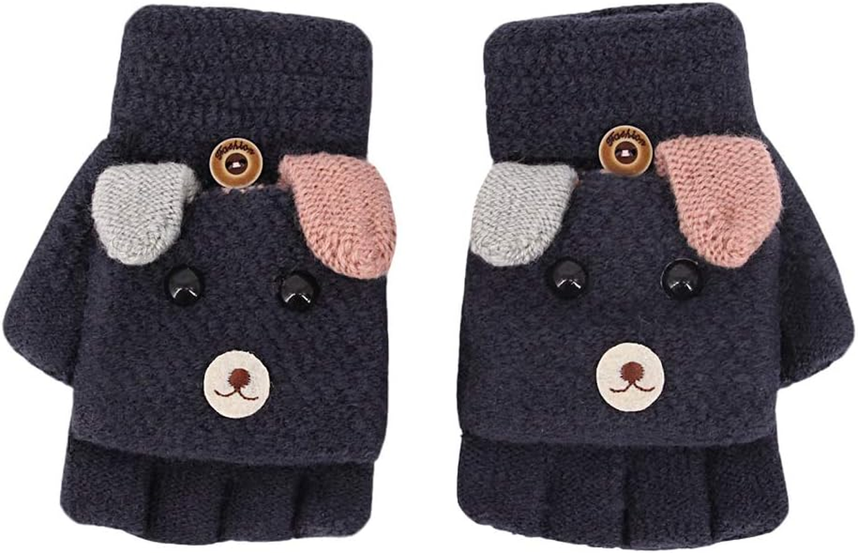 Surkat Winter Half Finger Gloves Knitted Mittens Convertible Flip Top Fingerless Gloves for Girls Boys Kids Children