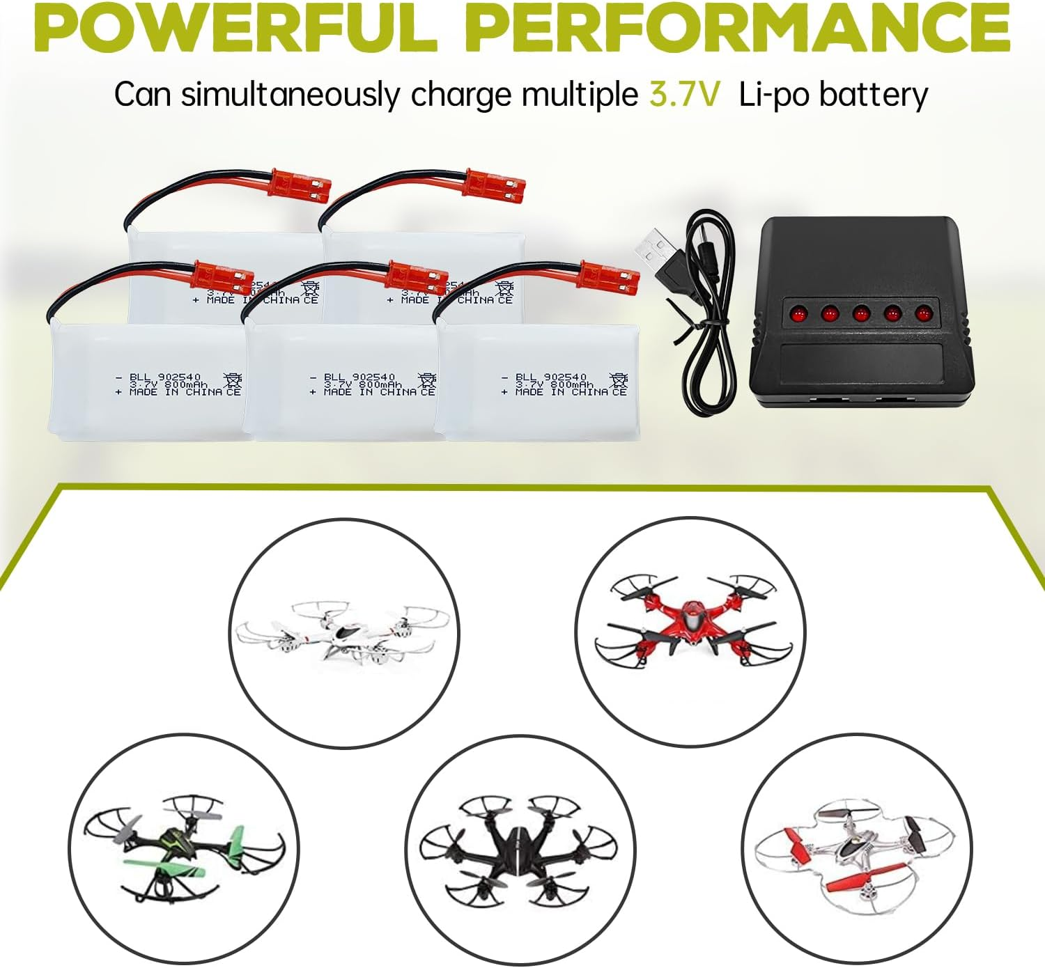 Fytoo 5PCS 3.7V 800Mah Lipo Battery Remote Control Drone Battery with 5In1 Charger JST Plug Suitable for SYMA X56W MJX X400W X300C X800 HS110 HS200 S670 V950Hd S1750 V2450 RC Quadcopter Battery image number 5