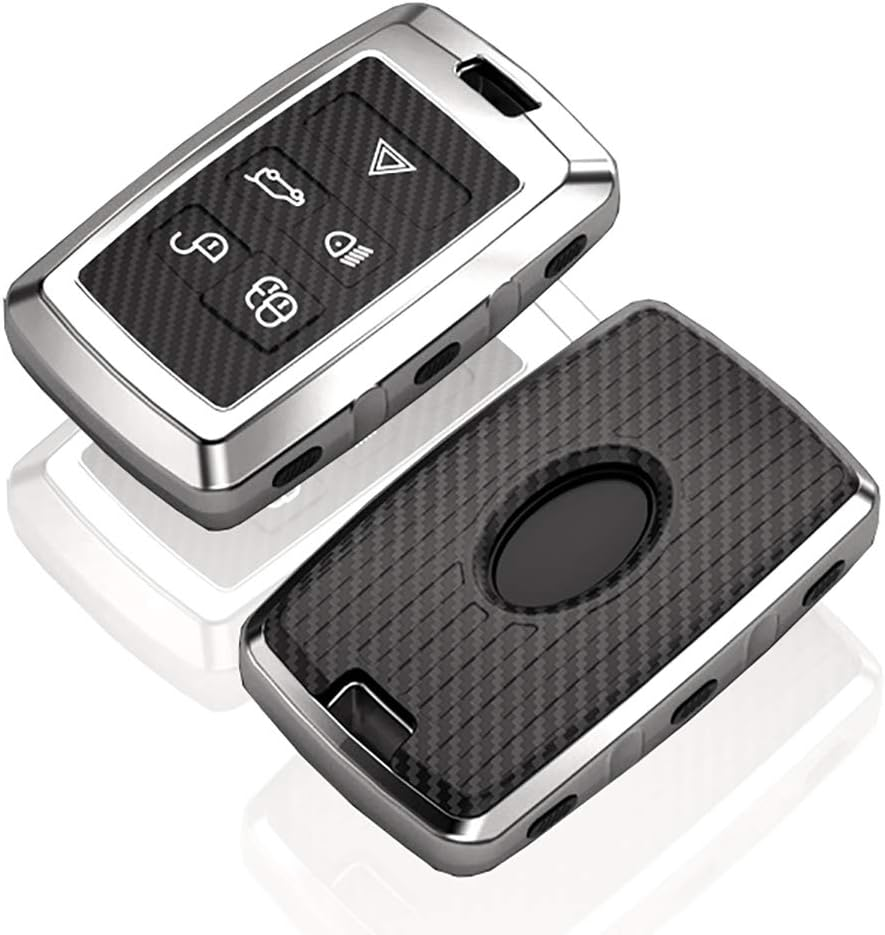 Ontto Key Fob Cover for 2018 2019 Land Rover Range Rover,With Keychain,Full Protection,Carbon Fiber Pattern Soft TPU Rubber Key Case Holder Silver image number 2