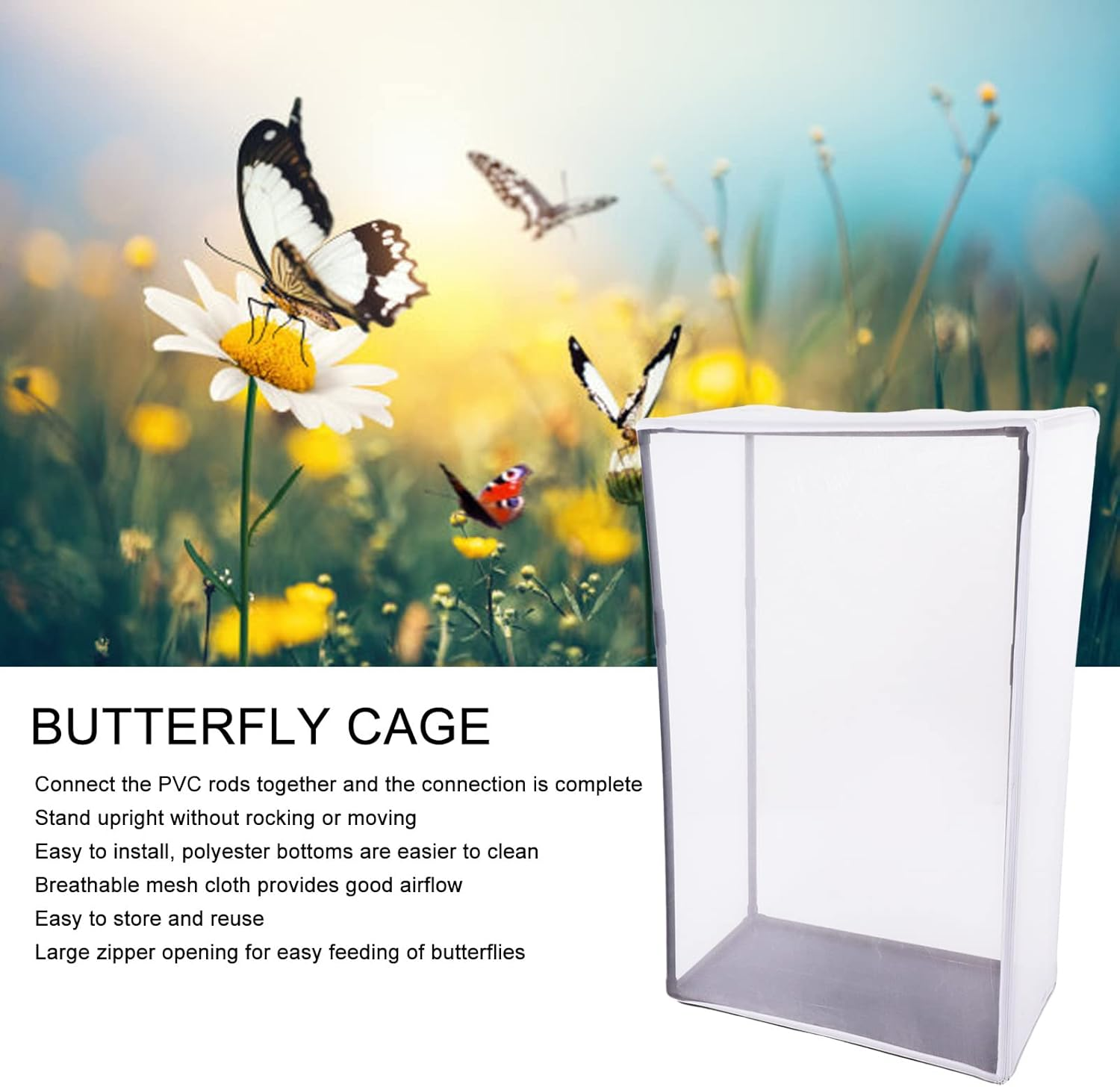 Butterflycage, Wide and High PVC Tube, Breathable Mesh, Large Space, Zipper Opening and Closing, Easy Installation, for Raising Small Insects and Butterflies