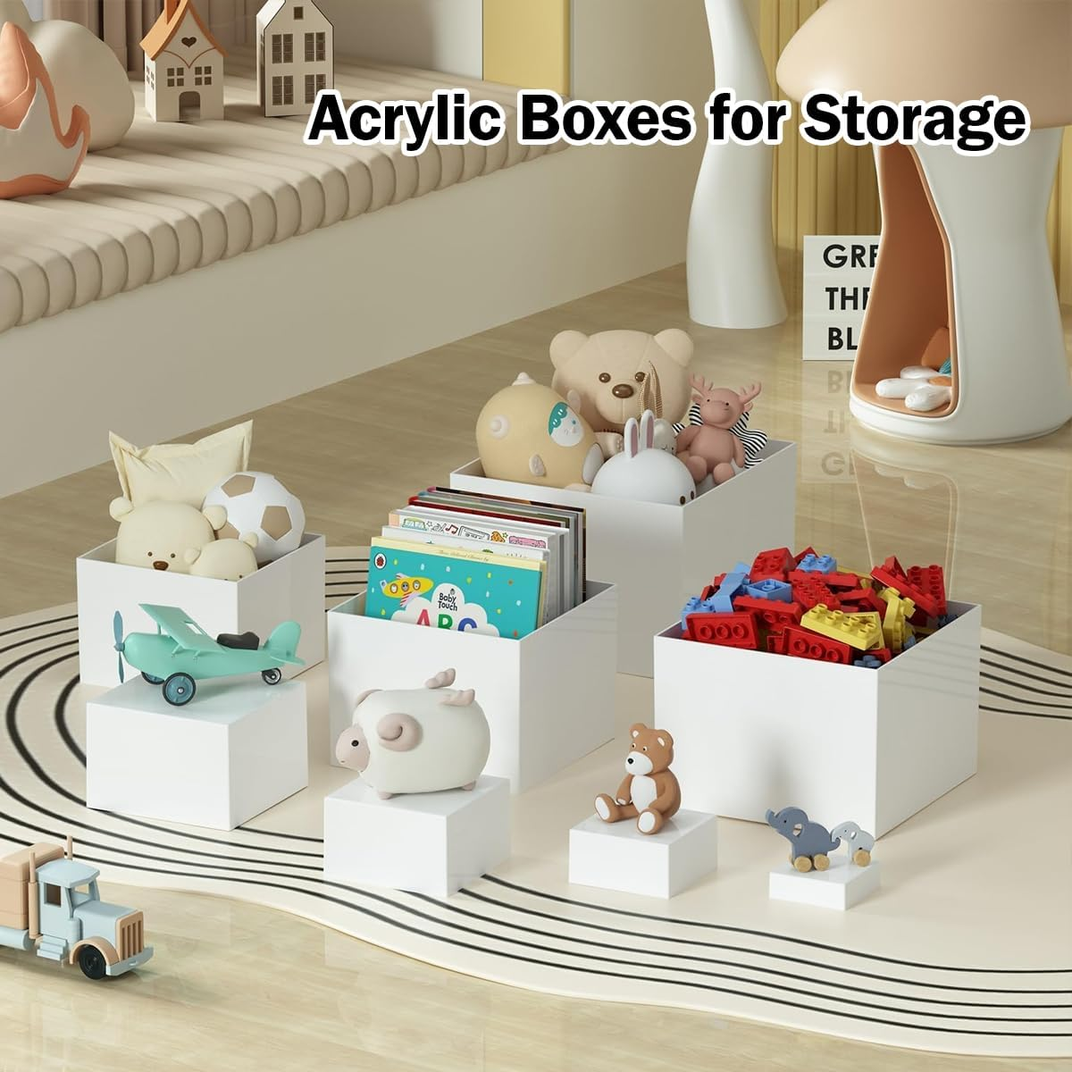 Blissify 8 Pack Buffet Risers, Acrylic Boxes for Display, Square Cube Food Display Stand with Mini Signs for Party, Cupcake, Candy, Brunch, Jewelry, Decor, White image number 5