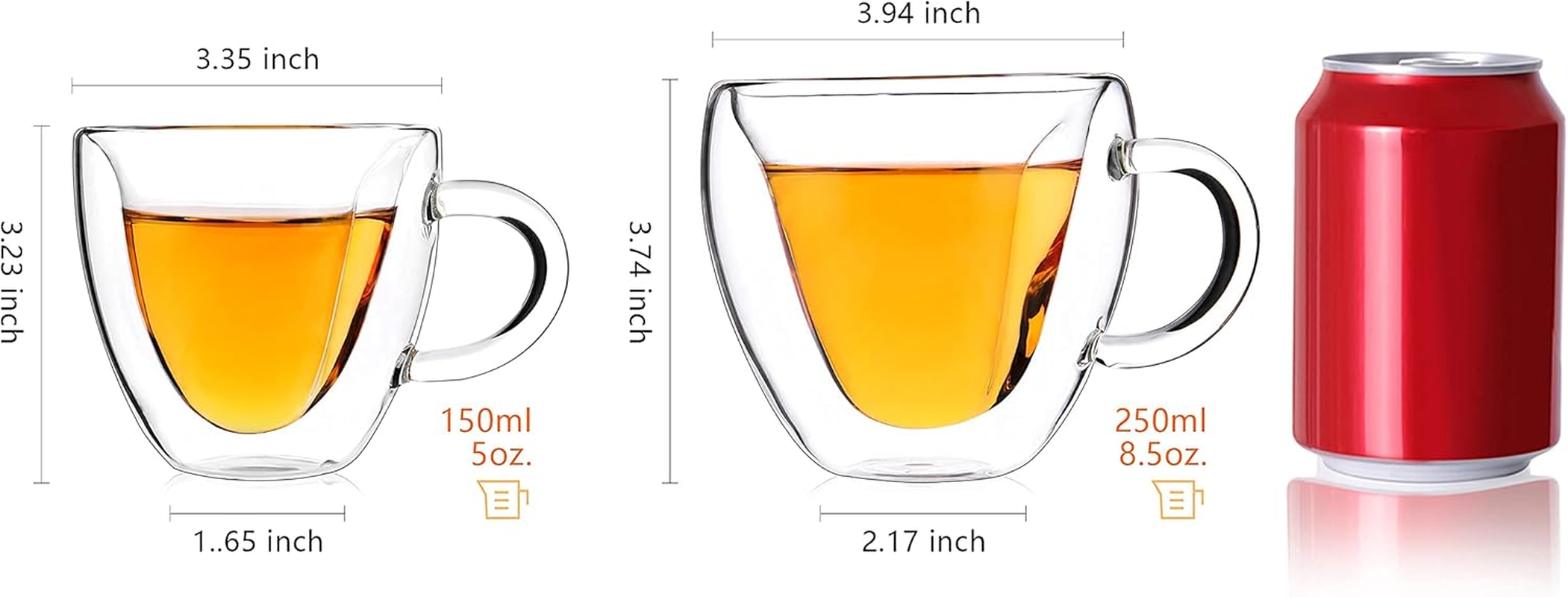 CNGLASS Double Wall Heart Shaped Glass Coffee Mugs 8.5Oz(Set of 2),250Ml Insulated Clear Tea Cups with Handle,Unique Glass Espresso Mugs for Coffee,Cappuccino,Latte,Milk image number 6