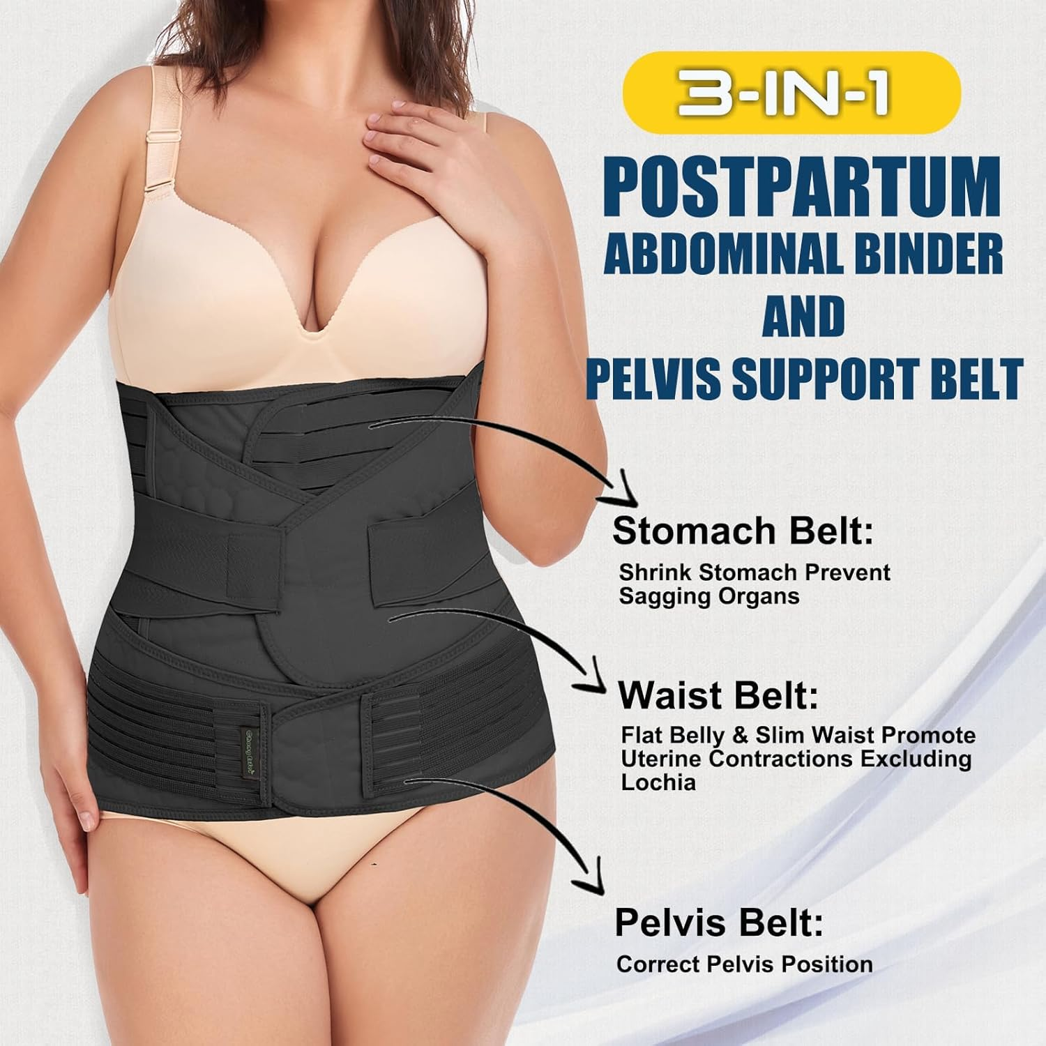 3 in 1 Postpartum Belly Wrap - Recovery Belly/Waist/Pelvis Belt Black Postpartum Belly Band (One Size Black) image number 1