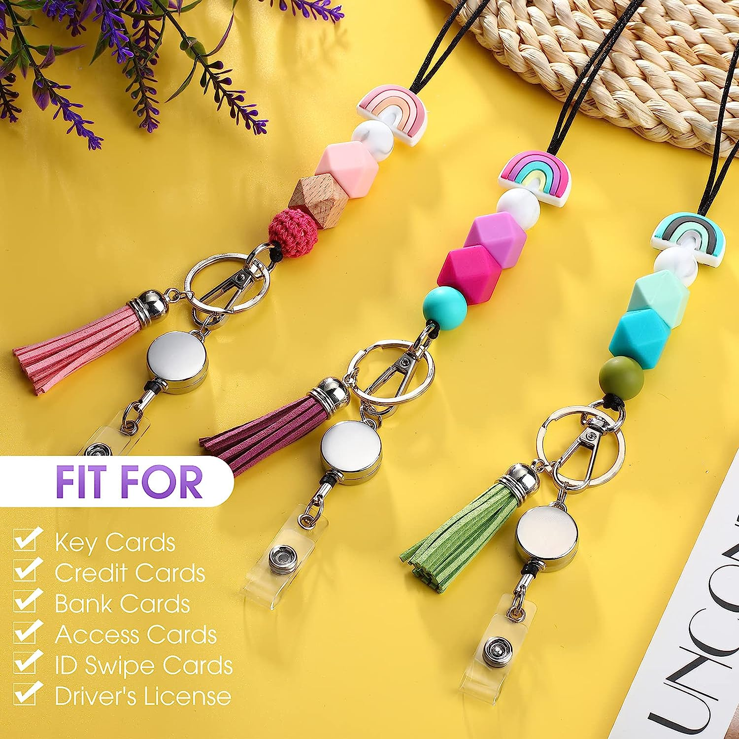 3 Sets Silicone Beaded Lanyards for ID Badges and Keys, Boho Neck Lanyard Necklaces with Retractable Badge Reel Holders, Tassel Keychain Strap Lanyard for Women Girls Teacher Students Nurses image number 5