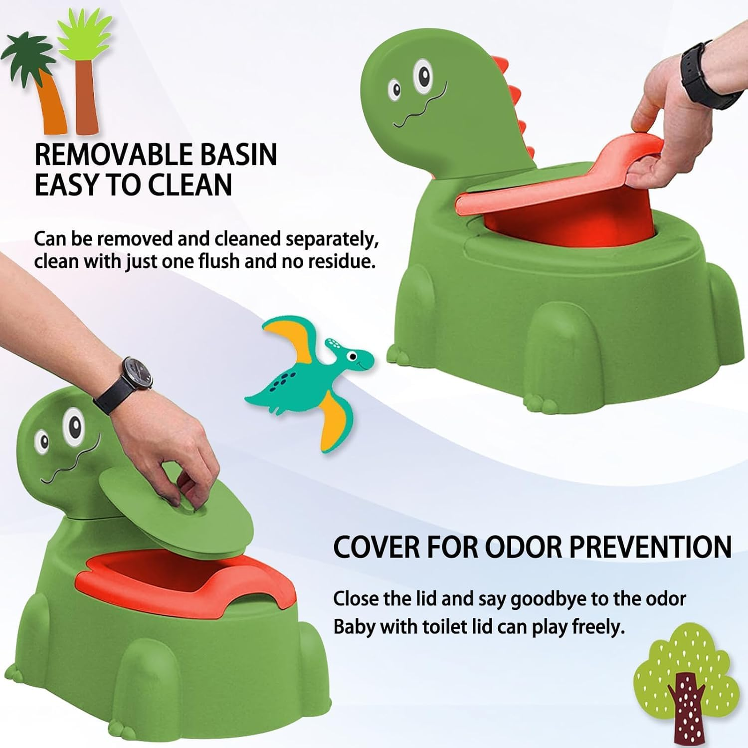 Toddler Potty Training Toilet Chair Boys Girls,Dinosaur Training Potty,Portable Travel Potty with Lid,Splash Guard,Urinal,Non-Slip Pad,Toilet Training Seat with 3 Rolls Cleaning Bags and a Brushes image number 6