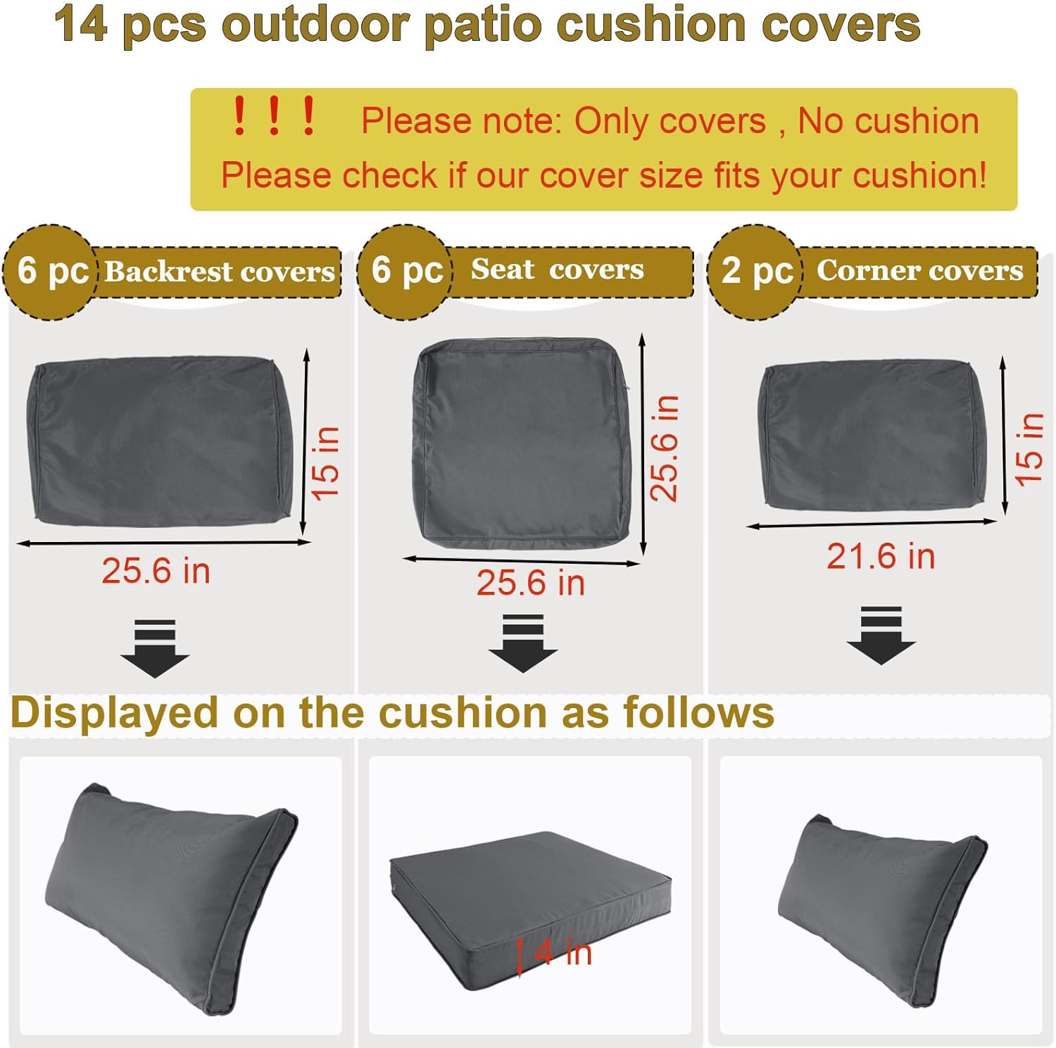 14 Piece Outdoor Patio Cushion Cover Replacement, Waterproof Patio Cushion Covers, Outdoor Furniture Cushion Covers Set for 6 Seat Wicker Rattan Sofa (Deep Grey, 25.6 * 25.6 * 4 Inch) image number 1