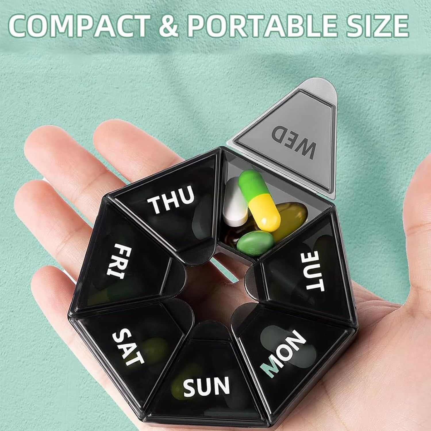 Weekly Pill Organizer, Portable Pill Organizers, with 7 Compartments, Travel Pill Case, for Vitamin, Medicine, Fish Oil, Supplements (Black) image number 2