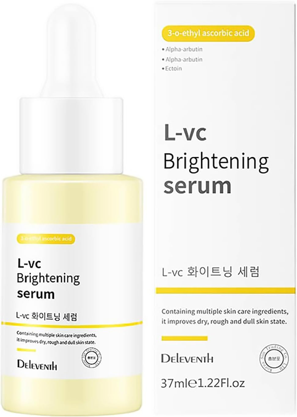Deleventh Korean Brand Vitamin C Brightening Face Serum 37Ml / with 3-O-Ethyl Ascorbic Acid, Niacinamide and &Alpha;-Arbutin, Reduce Dark Spots and Fine Lines, Enhance Elasticity, Hydrate, and Protect Skin