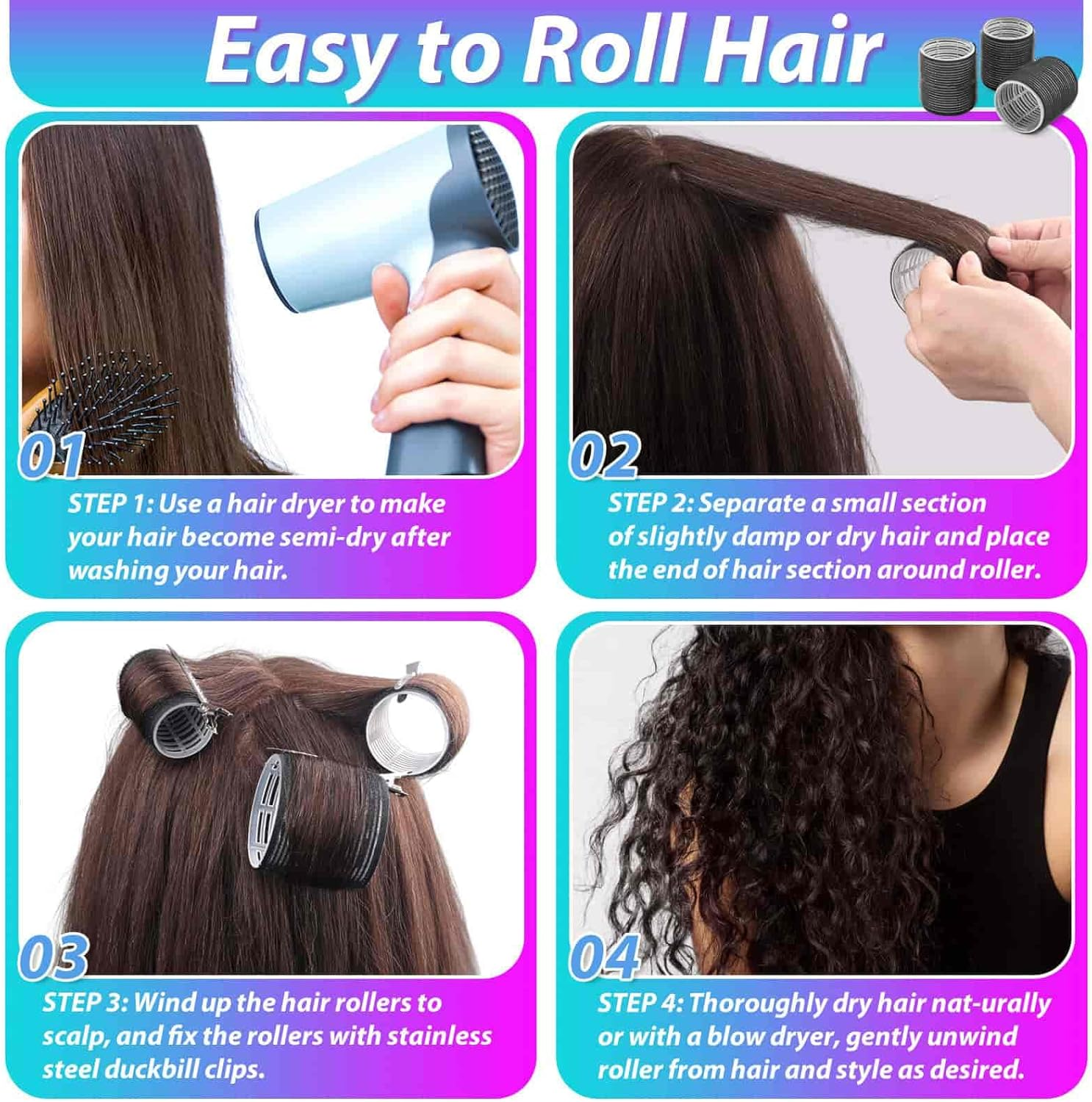 Shynek Rollers Hair Curlers 48 Pcs Set with 24Pcs Hair Rollers 4 Sizes (6 Jumbo Rollers/6 Large Rollers/6 Medium Rollers/6 Small Rollers) and 24 Pcs Hair Clips for Long Medium Short Hair (Black) - Pink image number 7