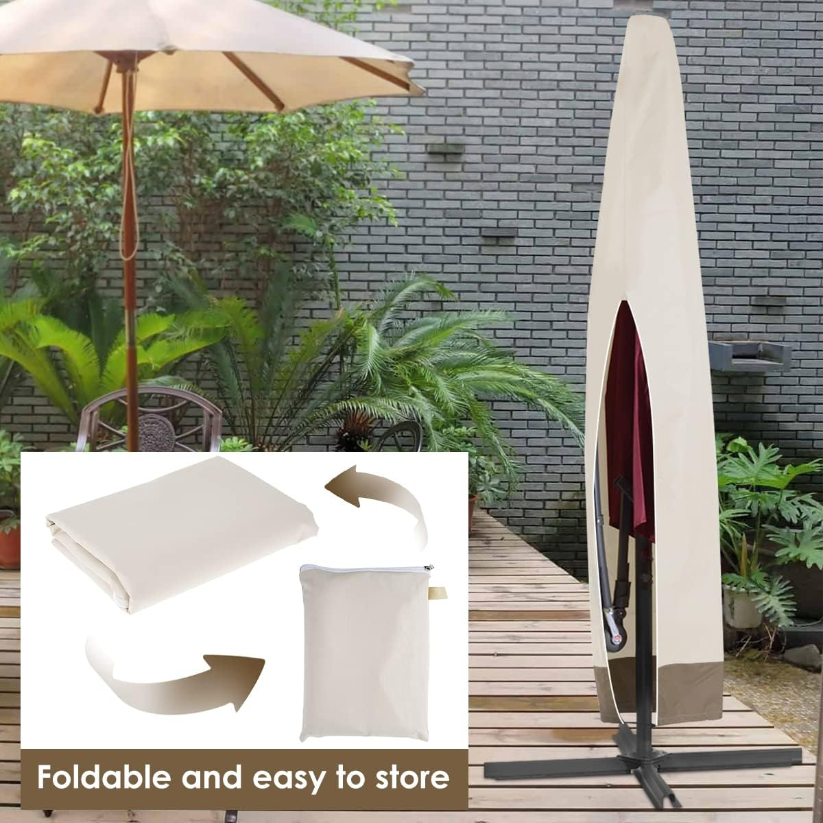 Patio Umbrella Cover Outdoor 600D Oxford Cloth Waterproof Umbrella Covers with Storage Bag Garden Parasol Cover with Drawstring for Outdoor Umbrellas (1, Beige+Coffee) image number 3