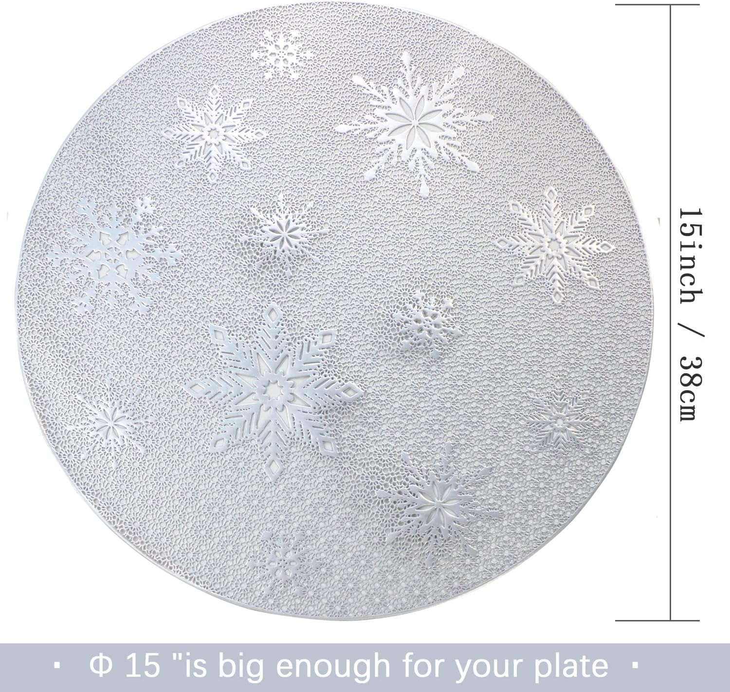 Round Silver Christmas Placemats for Dining Table Mats Set of 4 Wipeable Snowflake Placemats for Kitchen Table Plastic Soft PVC Place Mats Durable Heat Resistant Non-Slip Washable Table Mats 15" image number 3