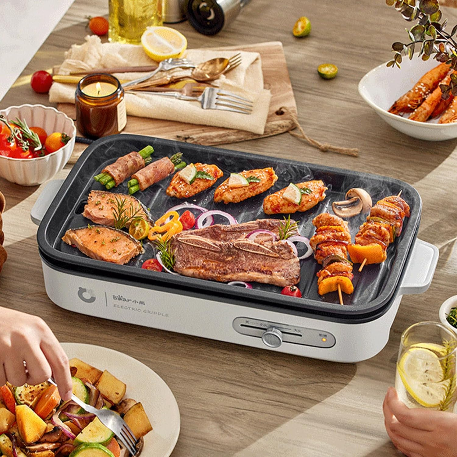 Electric BBQ Grill, 2-In-1 Smokeless Electric Grills with Removable Grill & Non-Stick Baking Pan, Portable Korean BBQ, Knob Temperature Control, 2000W, Dishwasher Safe