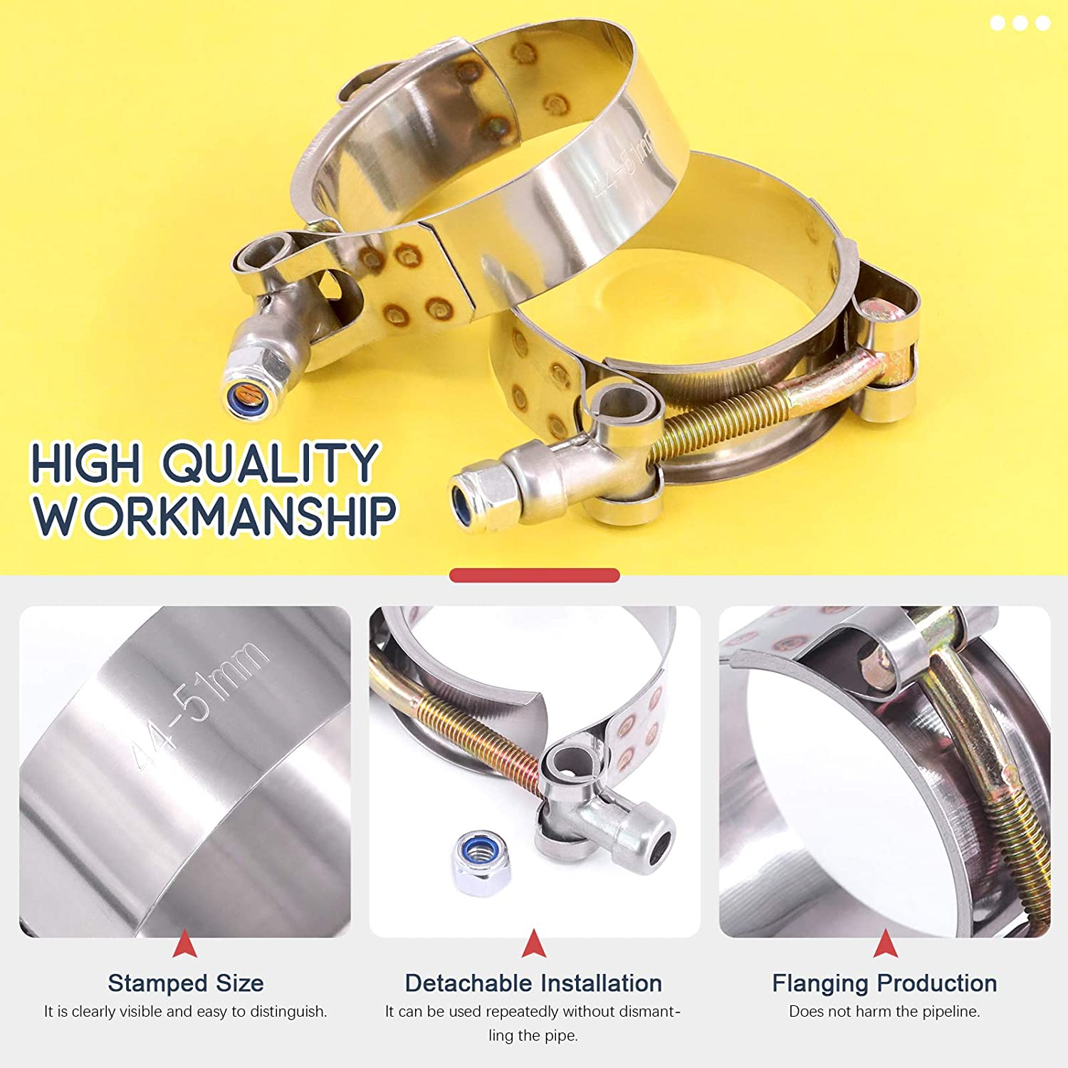 Hilitchi 2Pcs Stainless Steel T-Bolt Clamps with Rounded Band Edges Heavy Duty Turbo Intake Intercooler Clamp (44-51MM) for 1 1/2 Inch image number 2