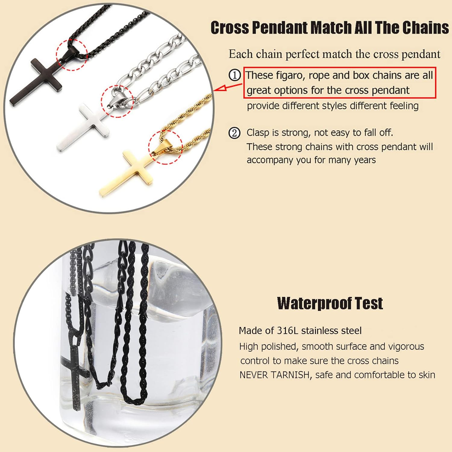 3Pcs Set Cross Necklace for Men, Mens Cross Necklace Cross Chain Layered Stainless Steel Rope Figaro Chains for Women Boys Gold Silver Black (20Inch/22Inch) image number 3