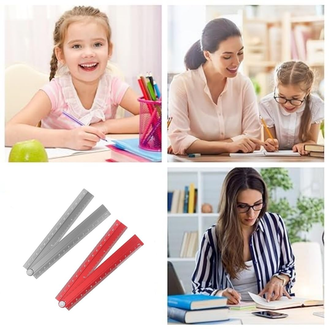2Pcs Folding Straight Rulers 30Cm Metric Aluminum Alloy Protractor Foldable Ruler Geometric Measuring Tool with Angle Line for Architects Artists Office (Gray + Red) image number 3