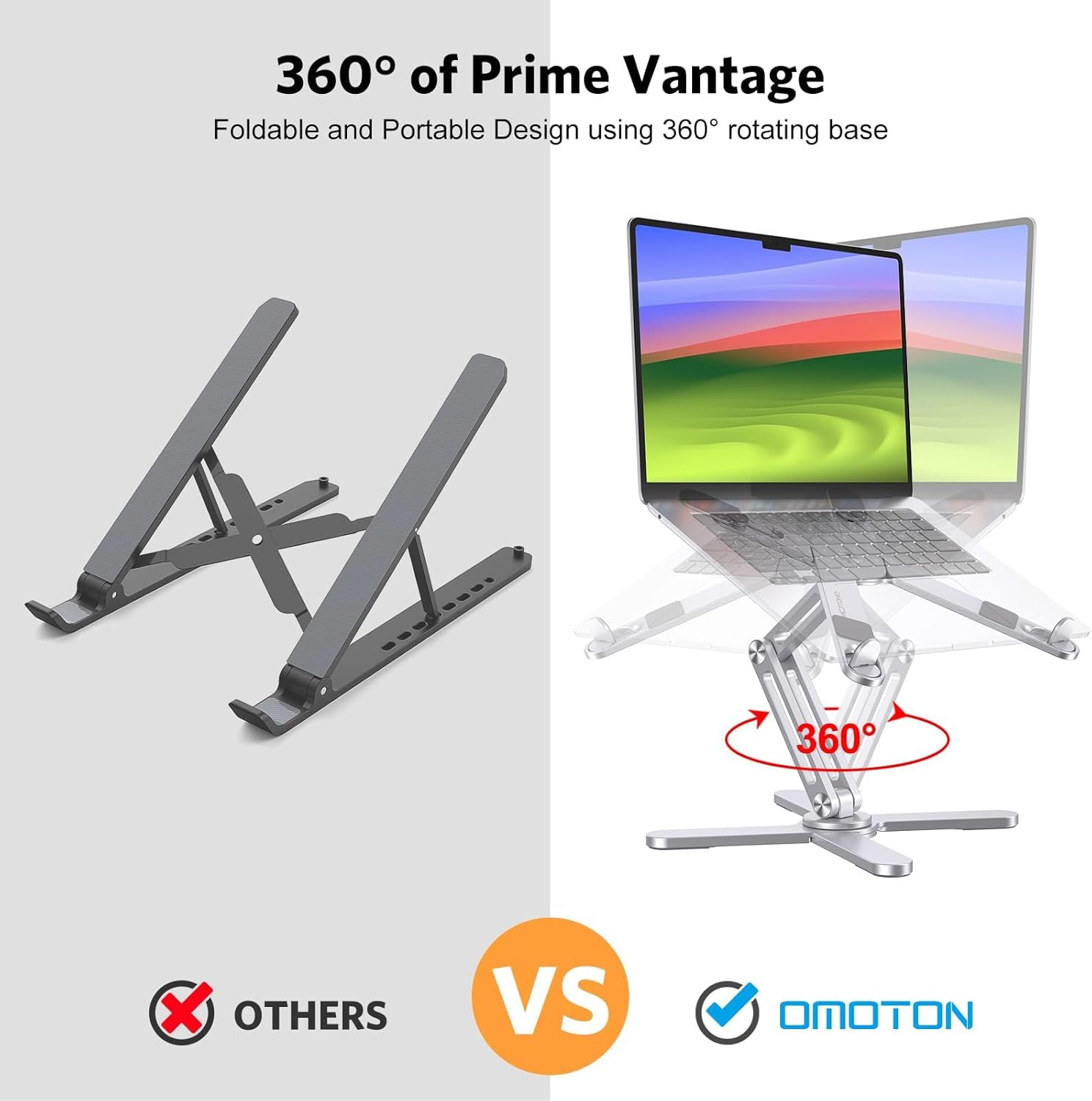 OMOTON 360&deg; Rotating Laptop Stand Riser for Desk, Ergonomic Foldable Computer Stand Adjustable Height Angles for Collaborative Work, Easy Storage Fit Macbooks,All Laptops up to 16 Inches, Silver image number 2