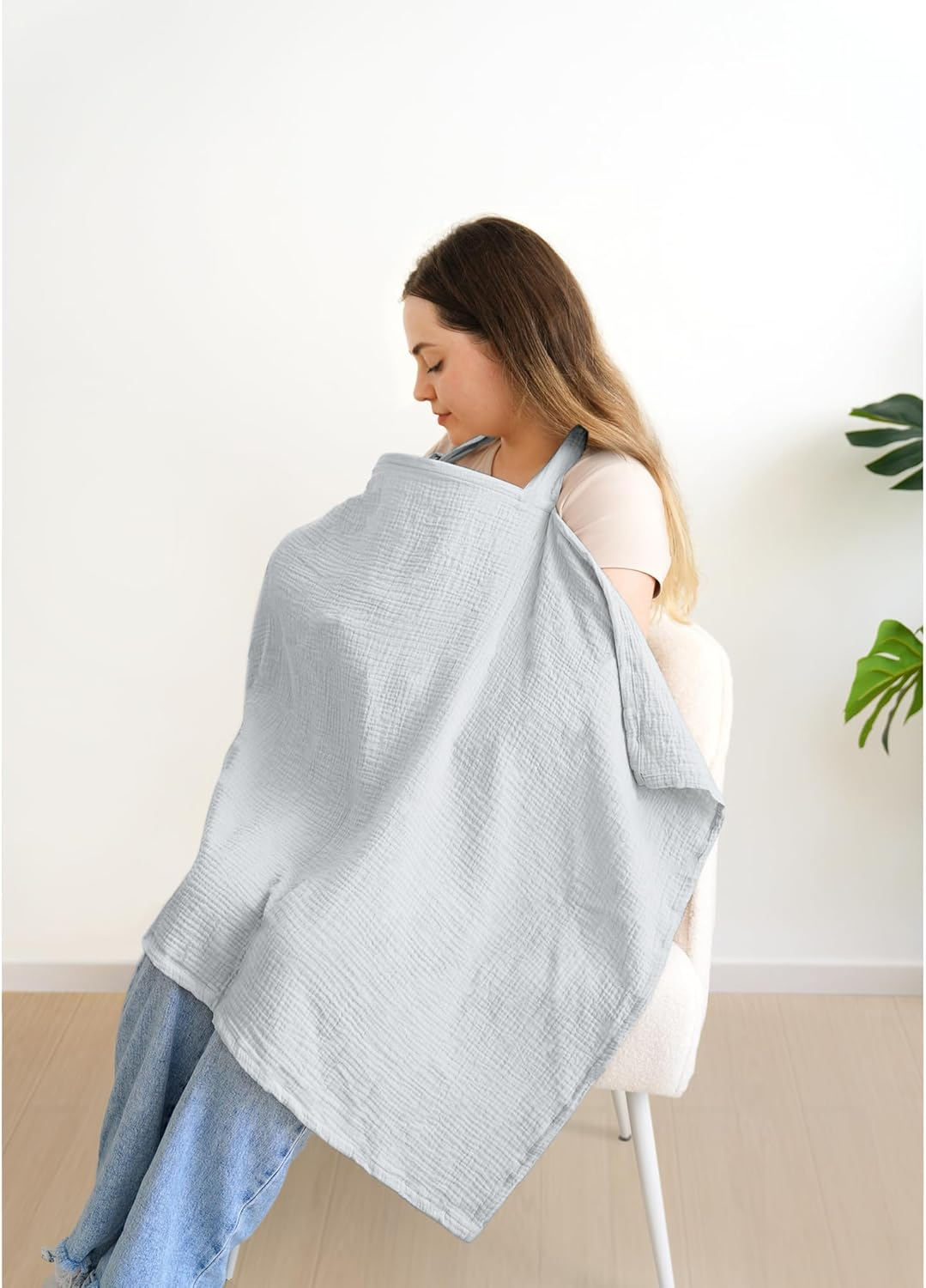 APEXINNO Muslin Nursing Covers for Breastfeeding, Privacy Breast Feeding Cover with Arch Neckline for Mom and Baby, Breathable 100% Cotton Nursing Apron Multi-Use Stroller Cover (Gray) - Misty Blue image number 4
