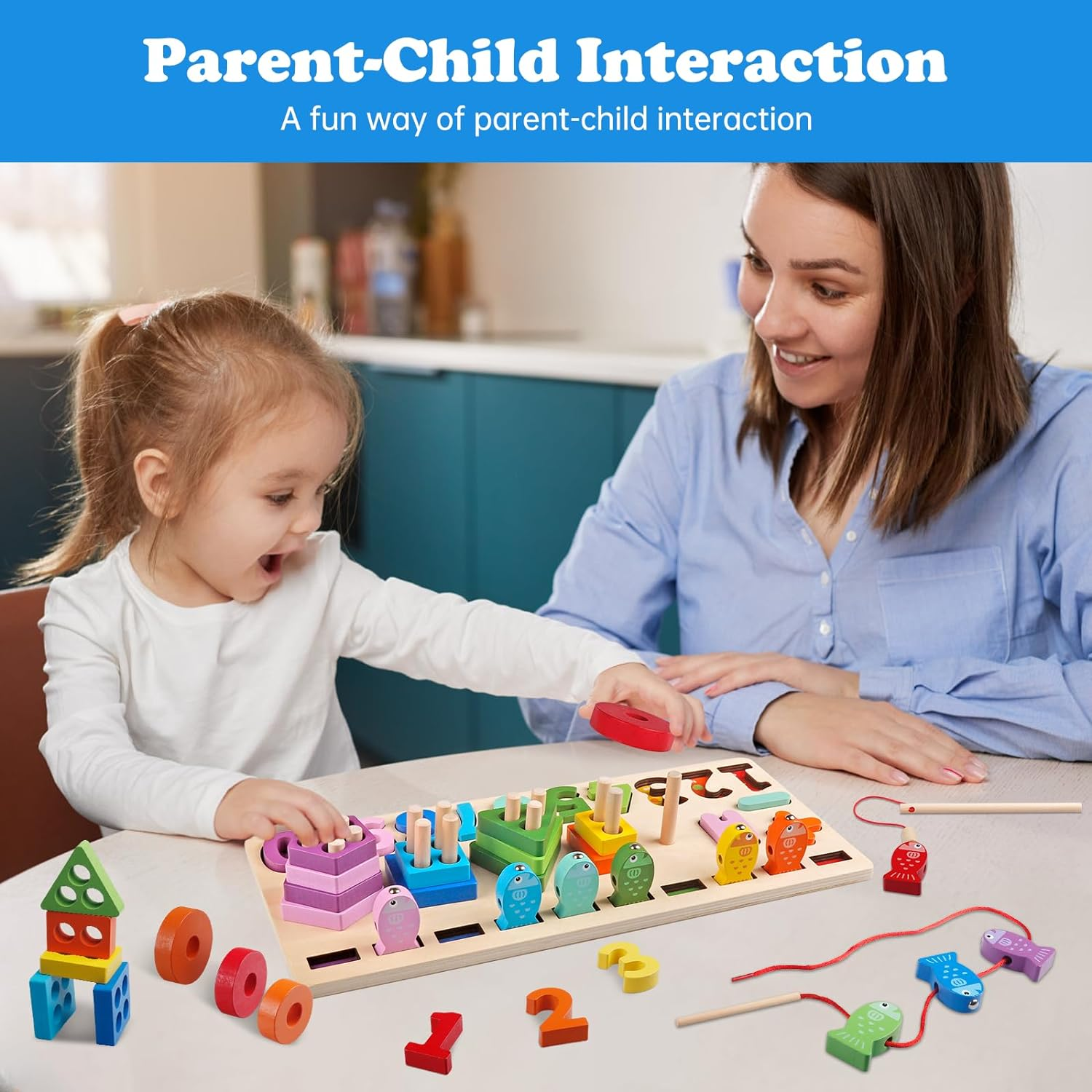 Montessori Toys for Toddlers 1-3 Year Old 5 in 1 Wooden Toys Sorting & Stacking Toys Magnetic Fishing Game Educational Toys for Age 2 3 4 Year Olds Boys Girls Birthday Gifts