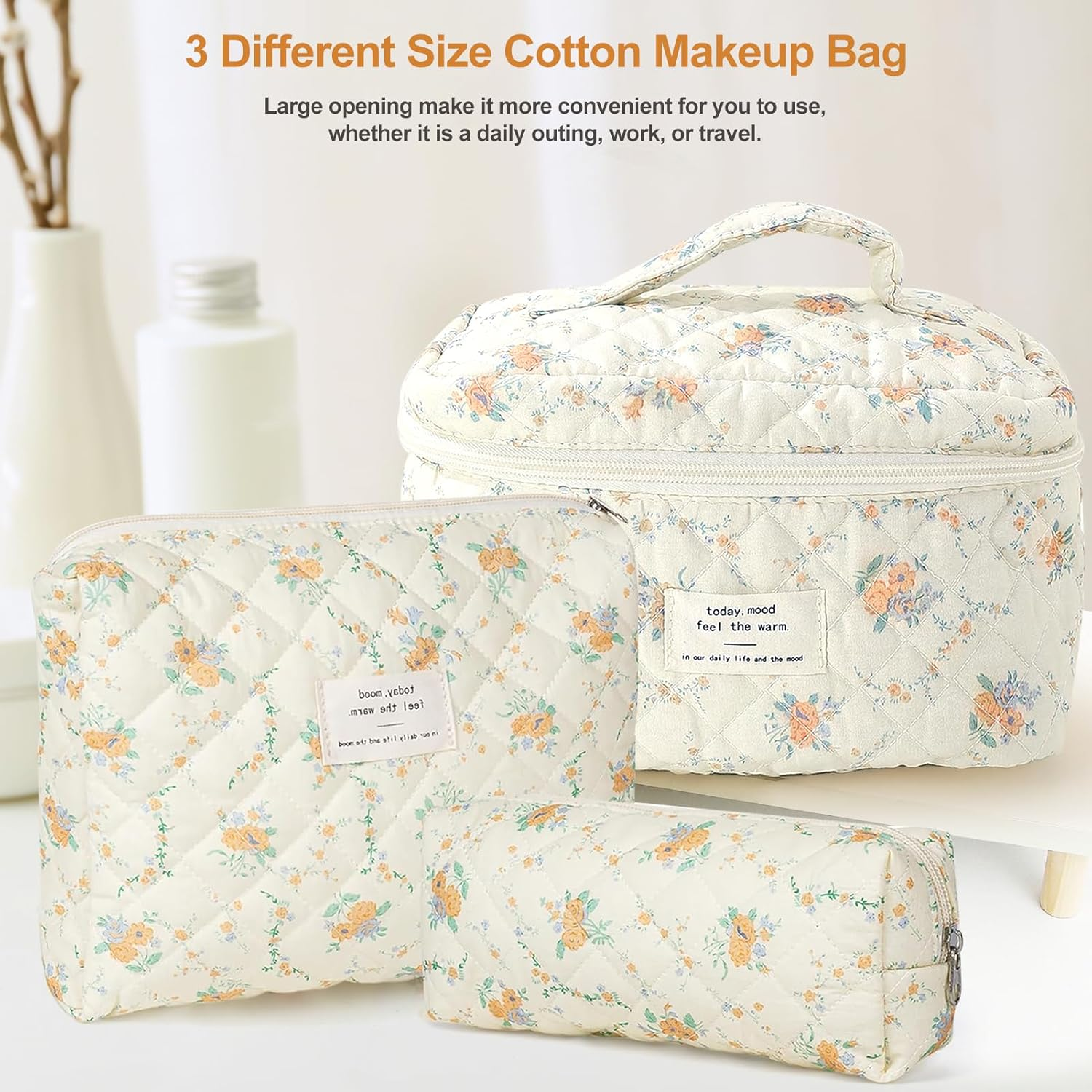 TOPALL Makeup Bag,Cosmetic Bag,Floral Cotton Quilted Makeup Bag,Classic Toiletry Bag,Cosmetic Pouch,Makeup Bag for Women Girls,Orange Flower image number 1