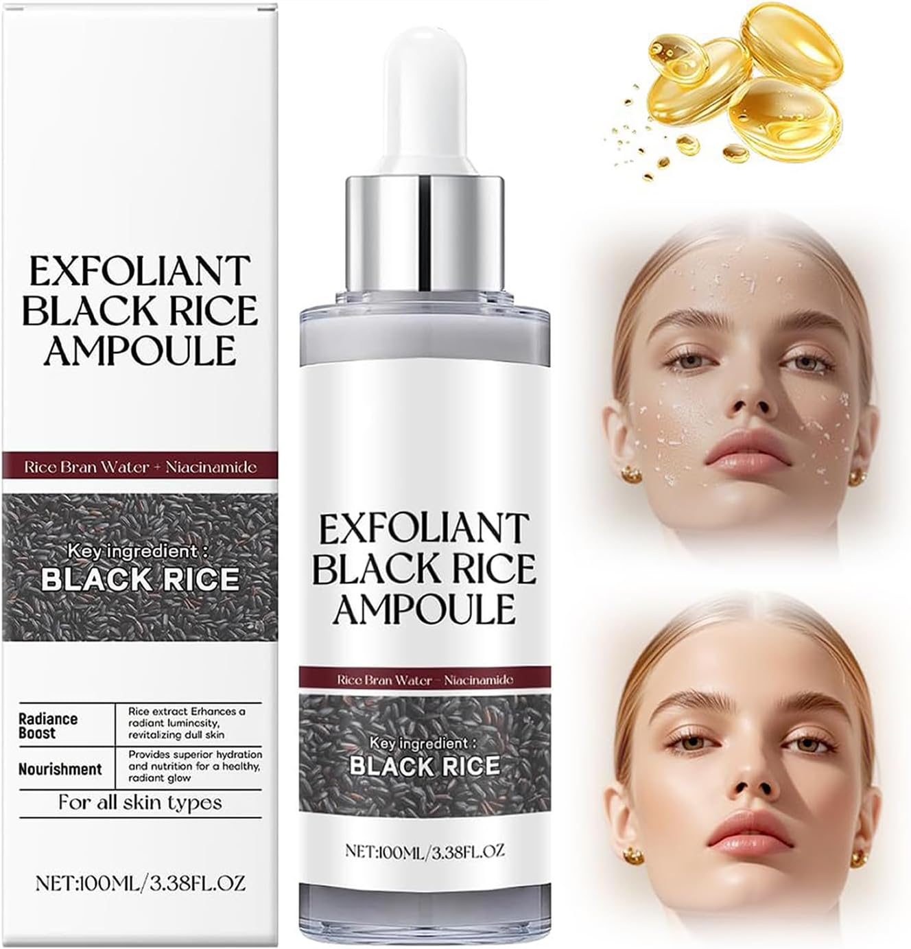Black and White Rice Exfoliant, Rice Exfoliating Peeling Solution, Glowing Skin Smooth Texture and Pore Cleansing Facial Exfoliant, for All Skin Types,100Ml (White-2Pc)