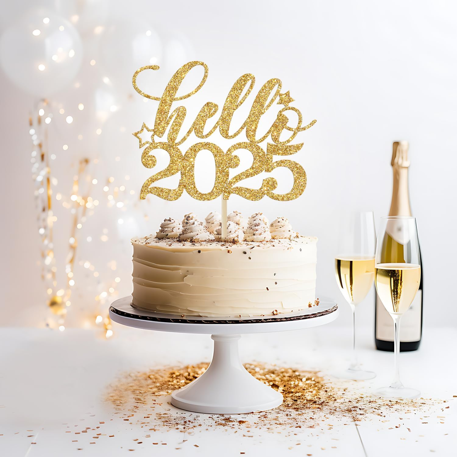 Hello 2025 Cake Topper, Happy 2025 Party Decor, Happy New Year Cake Decorations, 2025 New Years Eve Party Decorations Supplies, Gold Glitter image number 1