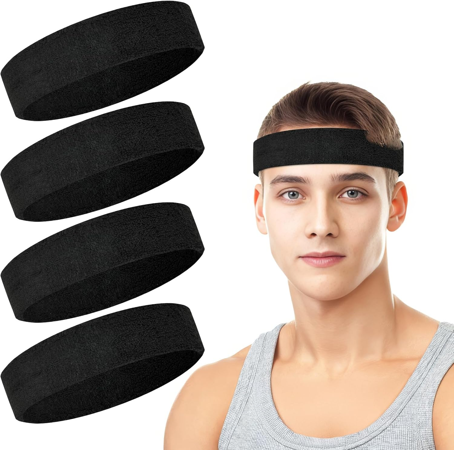 4 Pack Headbands for Men, Sweat Bands Headbands Men & Women, Cotton Terry Sweat Bands for Tennis, Basketball, Running, Gym, Working Out