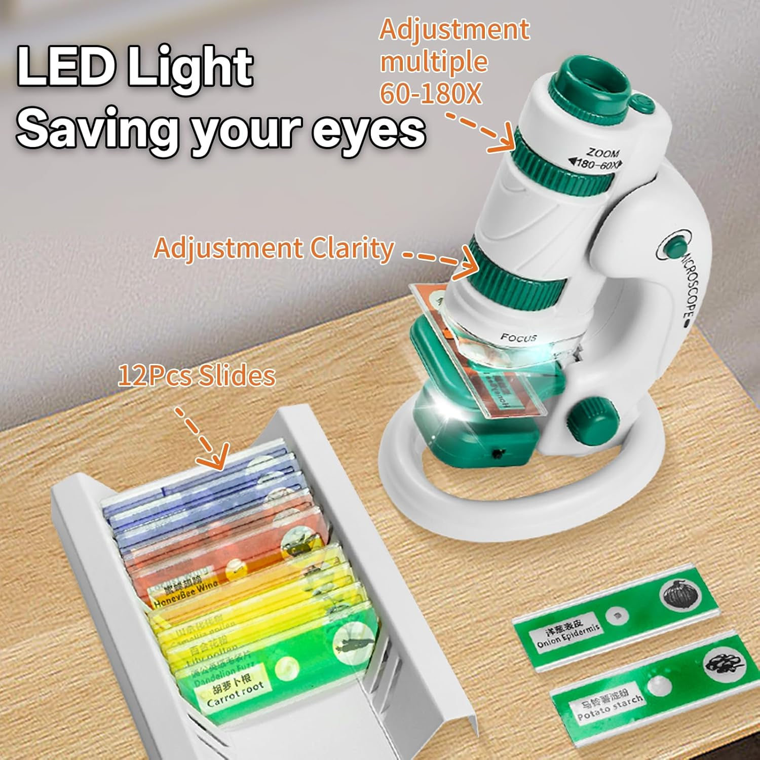 Microscope Toys for Kids Zoom 60X-180X, Handheld Mini Toddlers-Educational Science Toys Little Scientist, Pocket Microscope with 12Pcs Slides, Gifts for 6+ Girls Boys(Green)